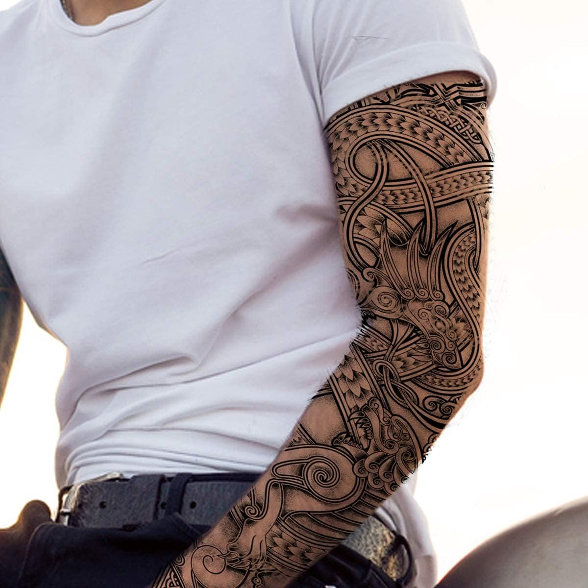 2X Dragon Temporary Tattoo Full Arm Body Art Stickers Nordic Compass Viking Celtic Tribal Middle Ages Medieval Full Adults Kids Men Women Arm Leg Sleeves Fancy Dress Cosplay image number 2