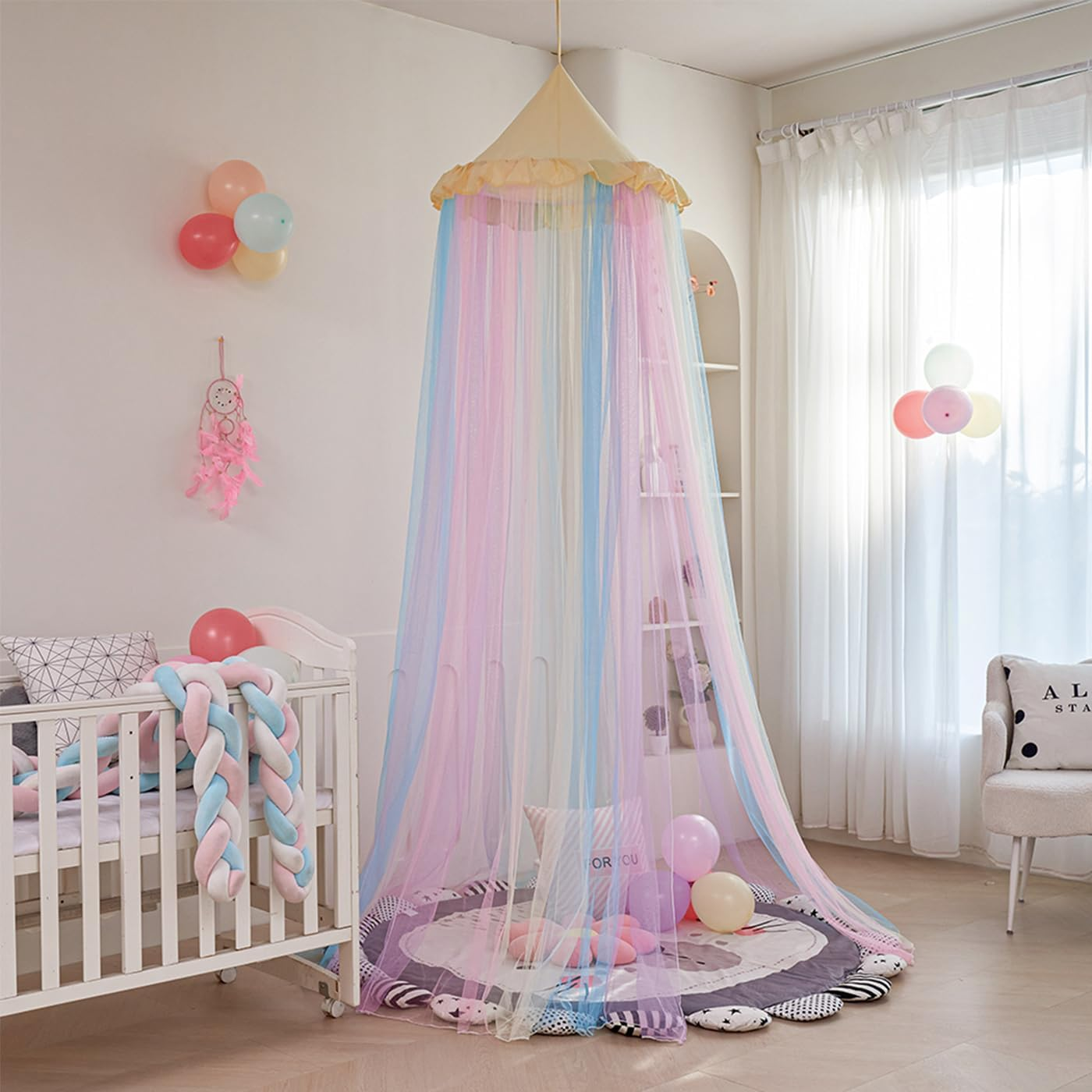 Rainbow Bed Canopy for Girls, Ruffles Mosquito Net with Dust-Proof round Dome Kids Dreamy Princess Bed Canopy Netting Room Crib Bed Curtains Camp Decor Accessories Child Reading Corners Ceiling Tent image number 5