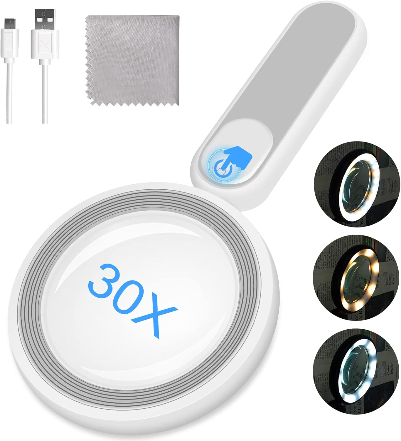 Rechargeable Magnifying Glass with Light, 30X 4.7IN Handheld Large Lightweight Lighted Magnify Lens 21 LED 3 Modes Illuminated Book Magnifier for Kids,Seniors,Reading,Inspection,Coin,Jewelry