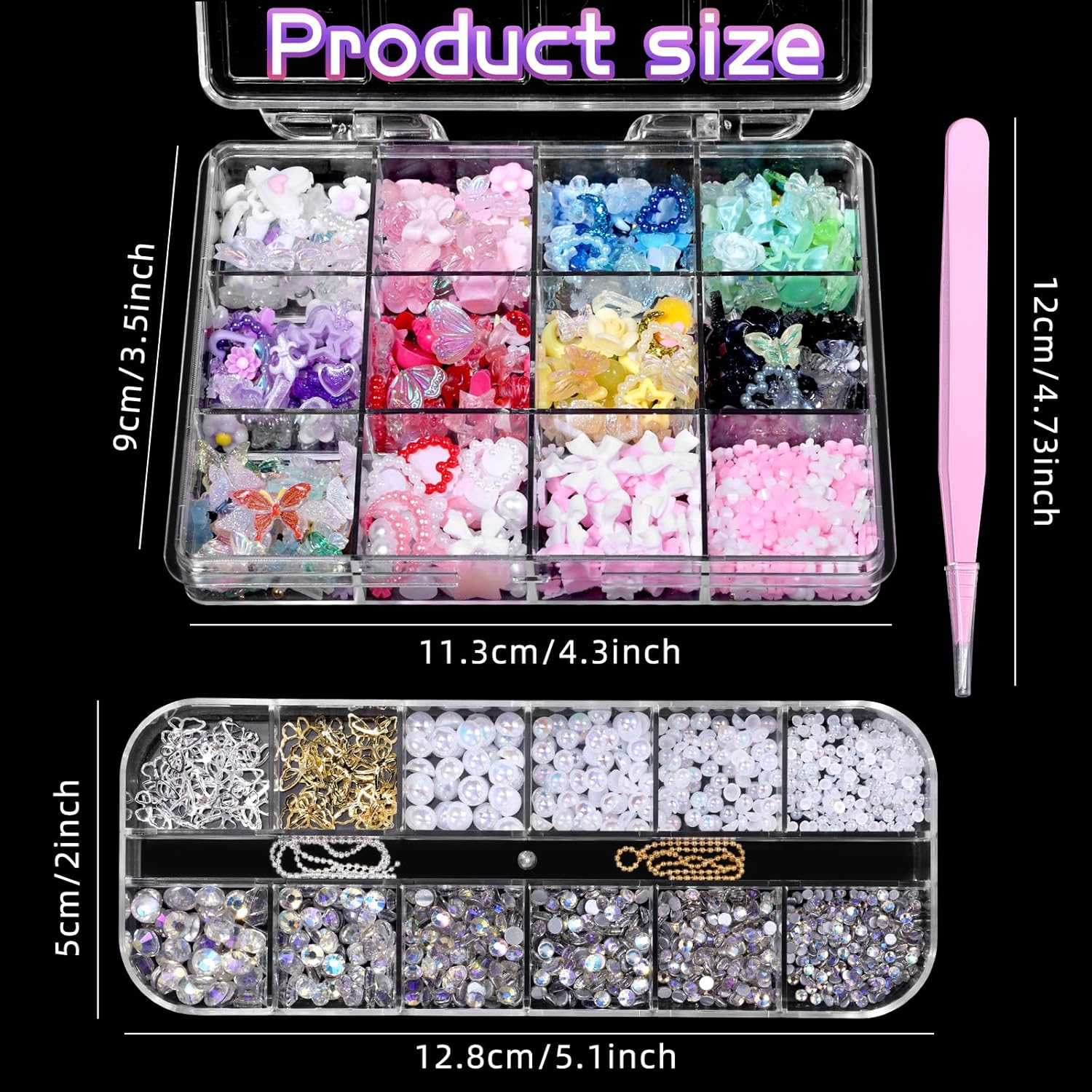 3D Nail Art Charms Set - Flower, Bow, Moon, Heart, Star, Butterfly, Blossom, Half round Pearl Nail Charms, Flatback Gems AB Rhinestones- DIY Nail Art Supplies Accessories image number 4