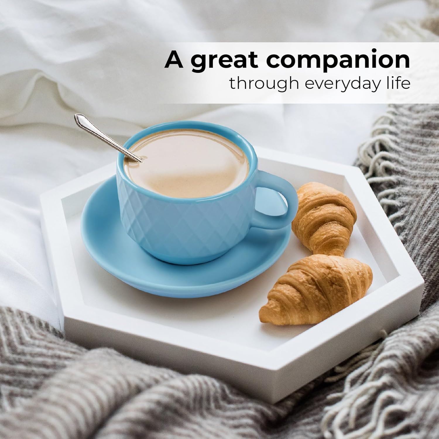 MIAMIO - 6 X 75 Ml Stoneware Espresso Mug, Cup Set Modern with Stand and Saucers - Palmanova Collection (Ocean Blue) - Magma Red image number 2