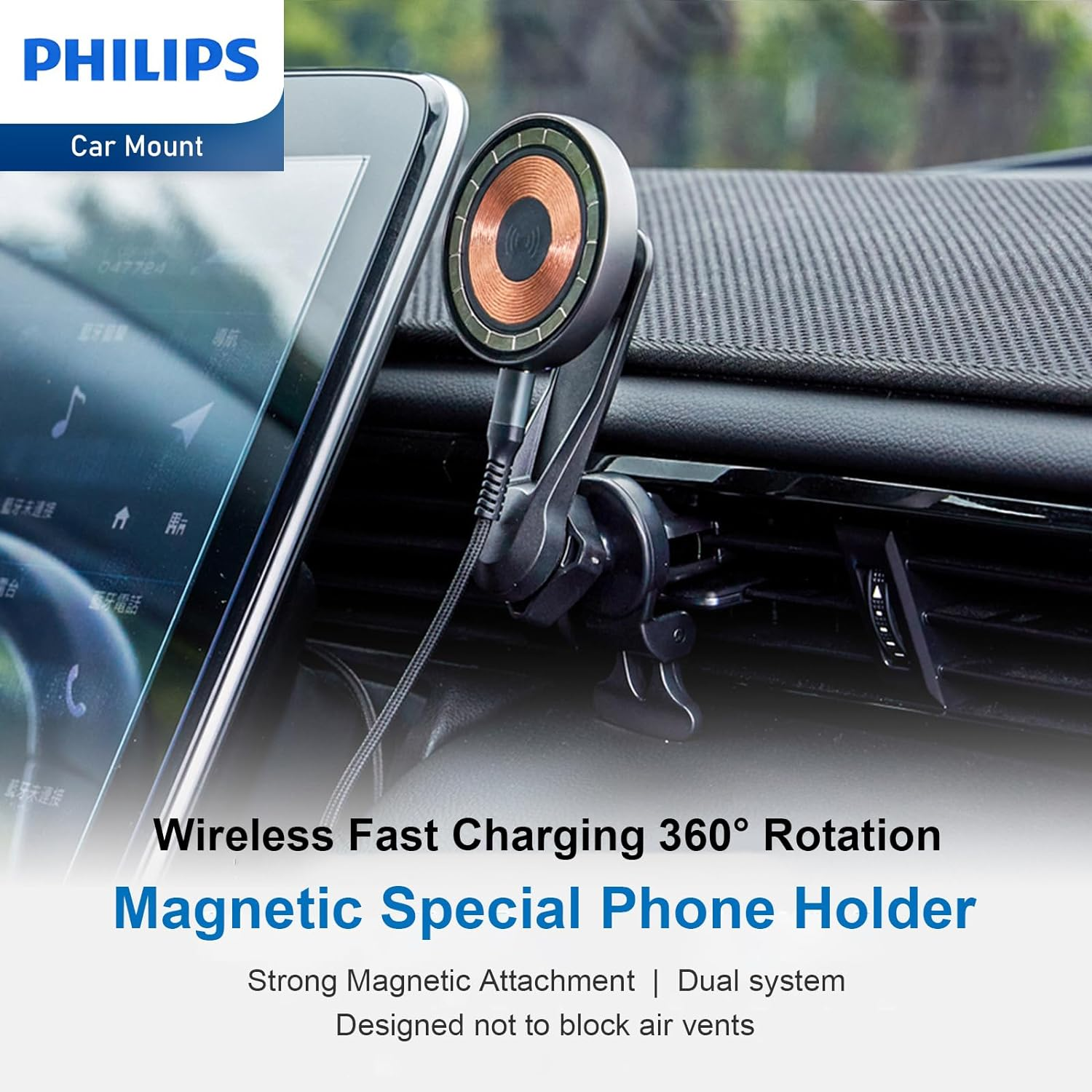 Philips Magnetic Wireless Car Charger Mount, Air Vent for Iphone 16/15/14 plus Pro Max/13/12 Pro Max/12 Mini, 15W Charging Compatible with Magsafe Car Mount, Fast Charging Phone Holder image number 4