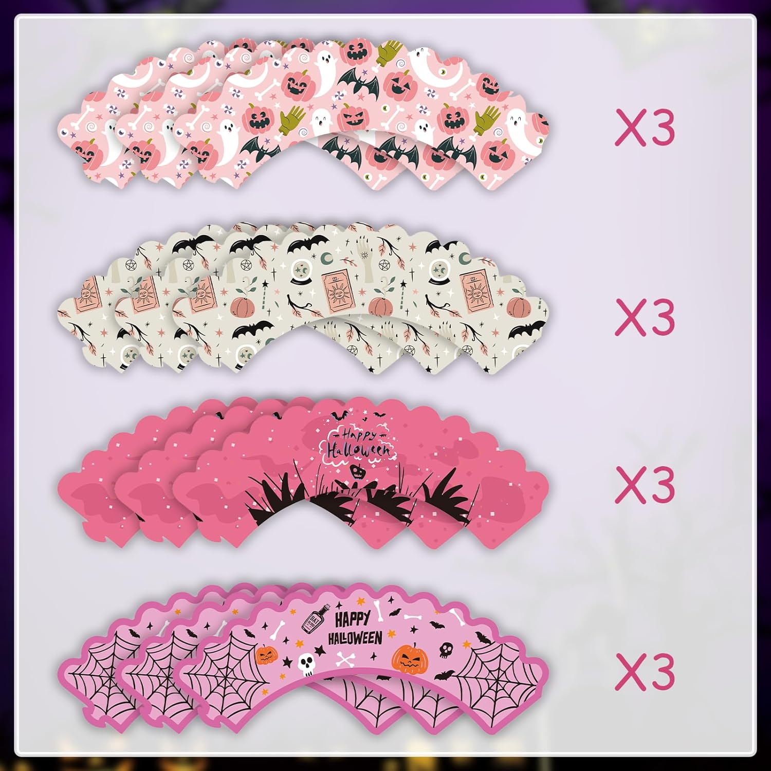 24 PCS Happy Halloween Cupcake Toppers and Wrappers,Printed with Pumpkin Skull Ghost Wizard Hat Pattern Pink Themed Cupcake Cake Decorations for Halloween Party Supplies image number 1