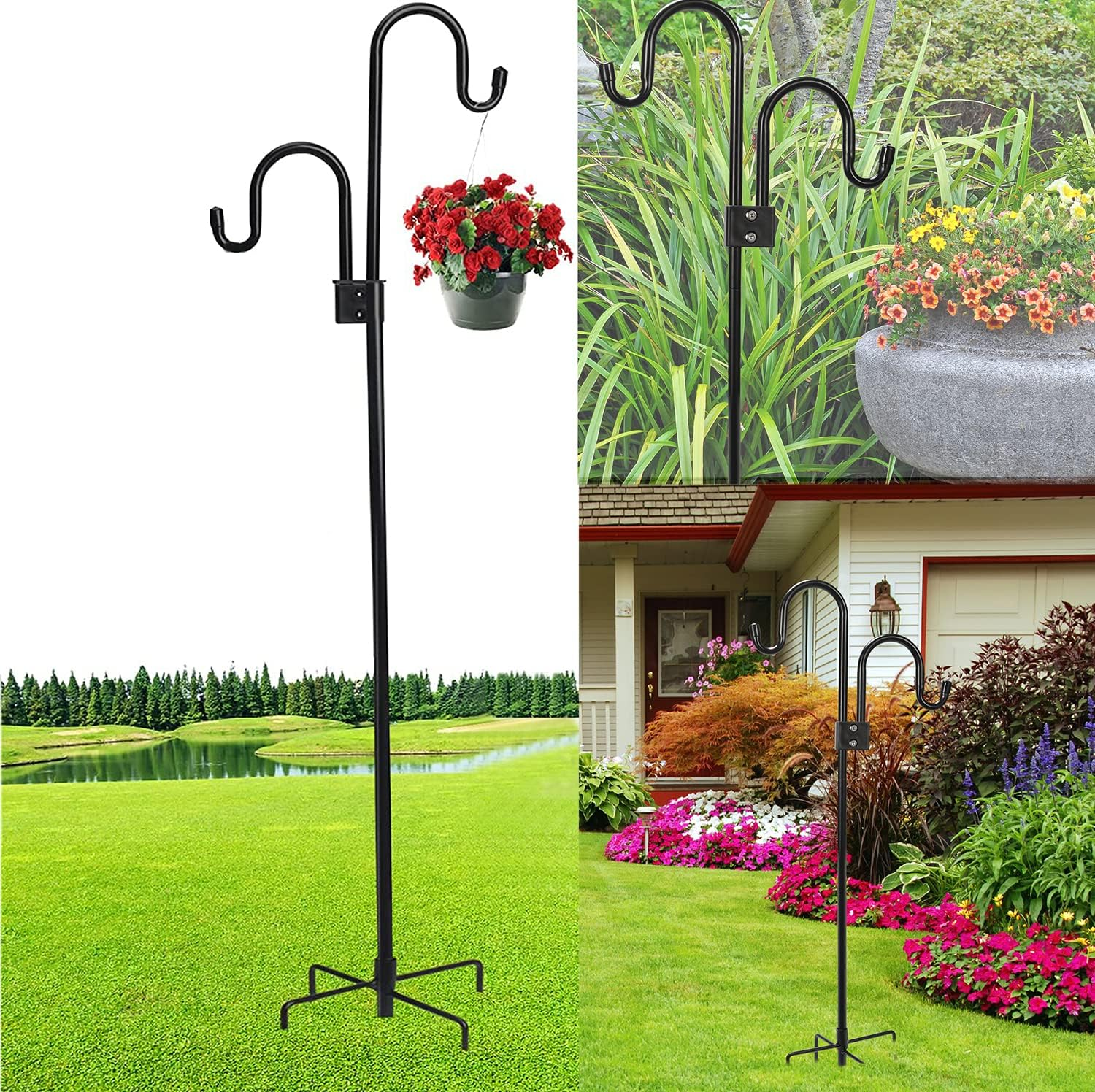 Double Shepherds Hooks for Outdoor, Adjustable Bird Feeder Pole 72 to 193Cm with 5-Prong Base, Heavy Duty Garden Shepards Hooks for Outdoor Plant Hanger, Wedding Decoration, Bird Feeder (76) image number 5
