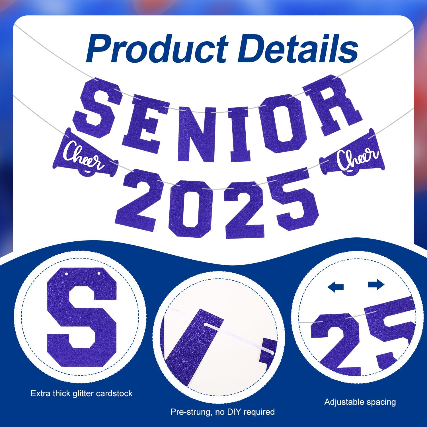 Senior 2025 Graduation Banners, Pre-Strung 2025 Graduation Decorations Glitter Class of 2025 Decorations Cheerleader Senior Night Party Decoration for Sport Player Theme Party Supplies (Blue) image number 2