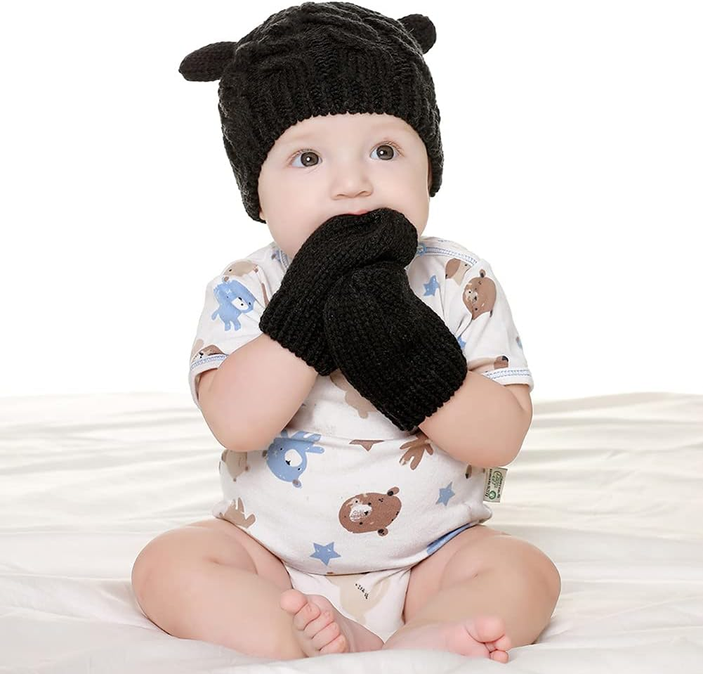 Malaxlx Newborn Baby Infant Toddler Winter Beanie Hat Mittens Set Warm Knitted Hat Glove Set for Girls Boys image number 4