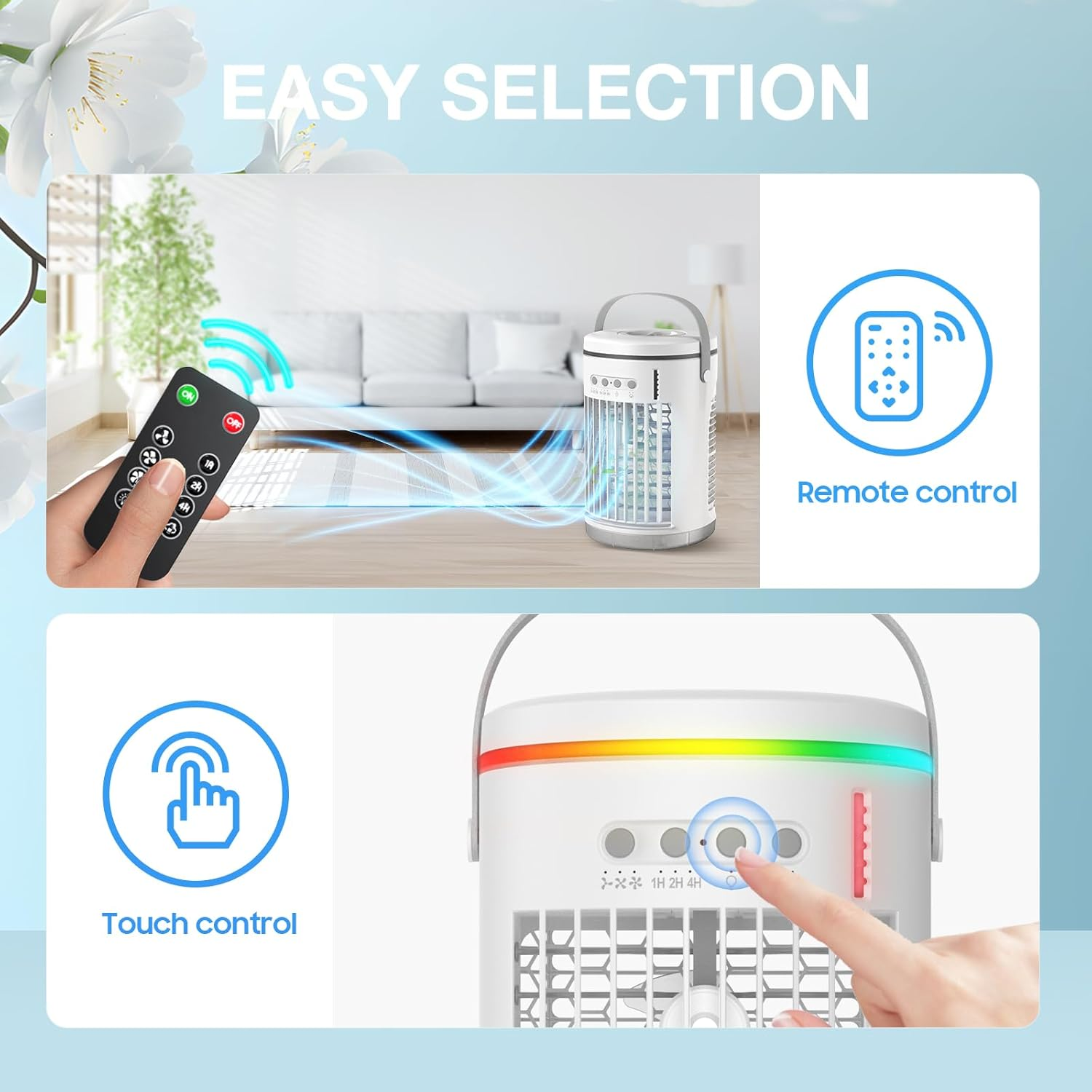 Portable Air Conditioner Fan,Rechargeable 4-IN-1 Personal Mini Cooler Humidifier,3-Speed Evaporative Air Cooler with 7 Color Lights,1400Ml Cordless AC Desktop Spray Fan,Remote Control Cooling Fan image number 1