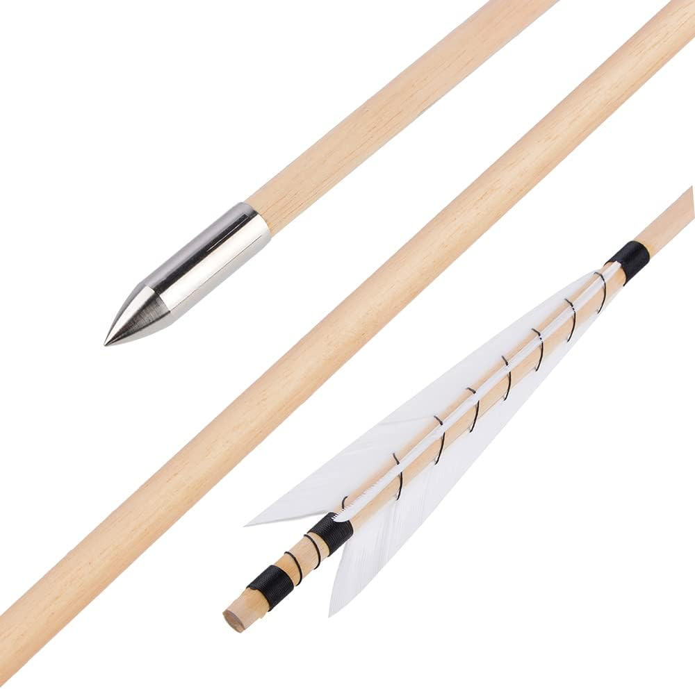 32 Inch Wooden Arrow English Longbow Arrow Target Pracrice Arrow Shaft with 5" Turkey Feather Fletching and Field Point for Recurve Bow Longbow Traditaonal Bow image number 3