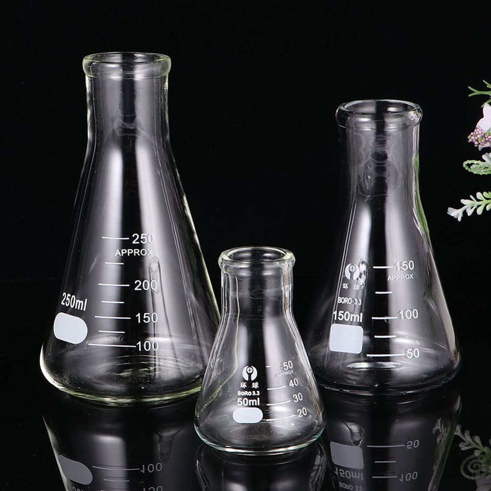 POPETPOP 9Pcs Beaker Flask Cylinder Set Scientific Glass Flask Graduated Cylinders Clear Measuring Beakers for Laboratory Supplies 50ML 100ML 250ML image number 1