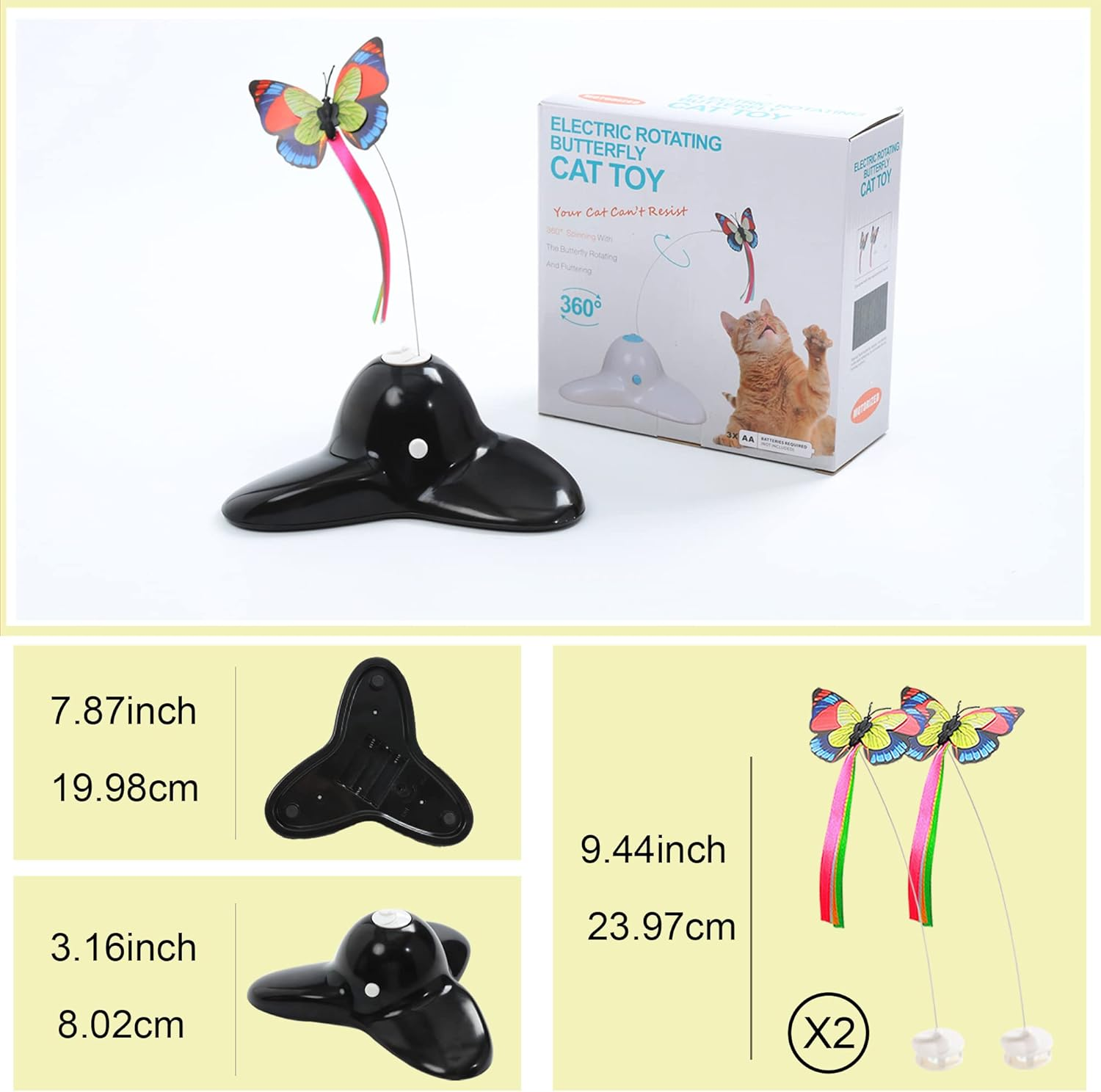 Vealind Indoor Interactive Play Teaser Cat Toy with 360&deg;Electric Rotating Butterfly (Black) - Black image number 3
