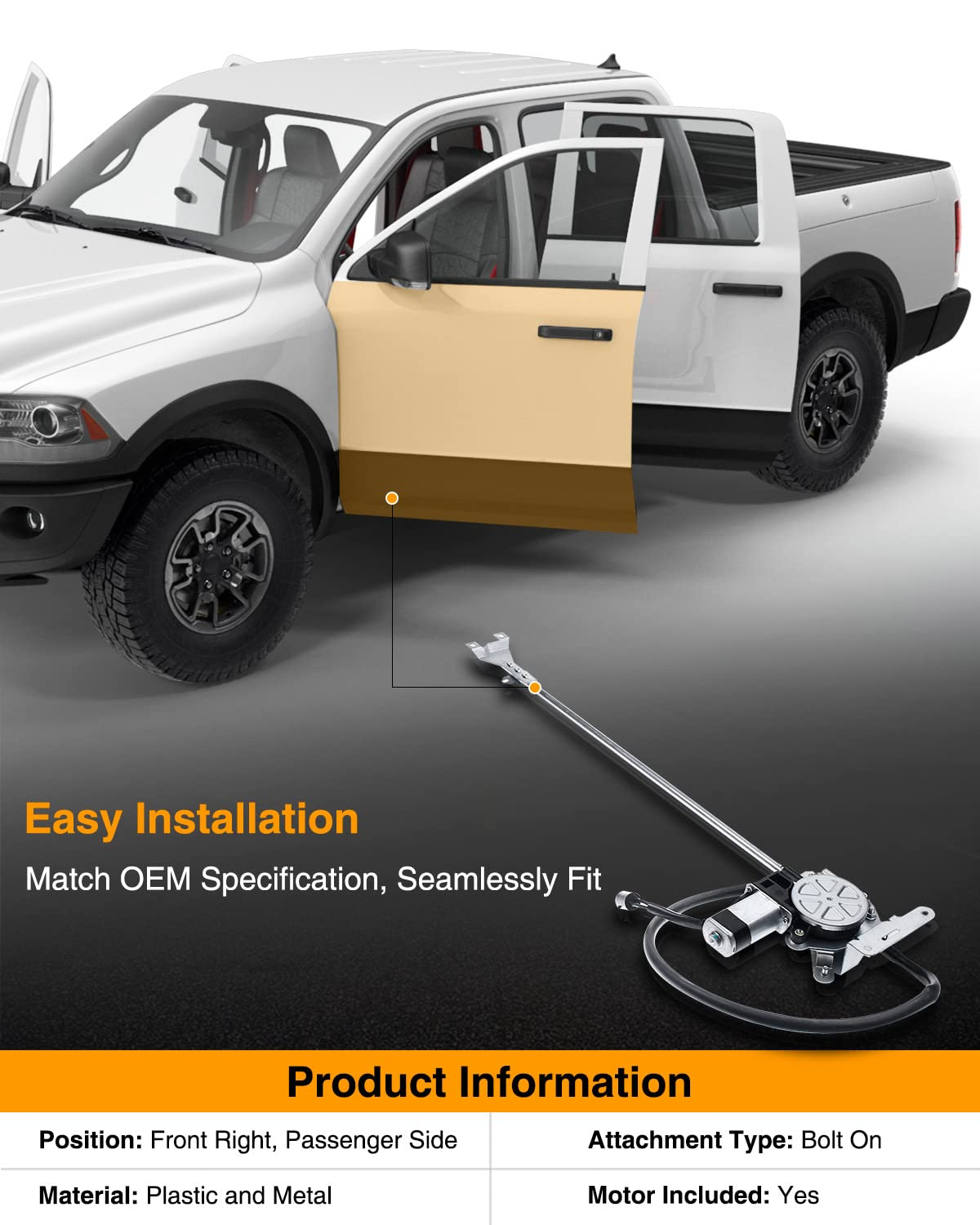A-Premium Power Window Regulator with Motor Compatible with Freightliner Argosy Century Class 2003-2011 Columbia Coronado 2005-2010 Front Right Passenger Side image number 4
