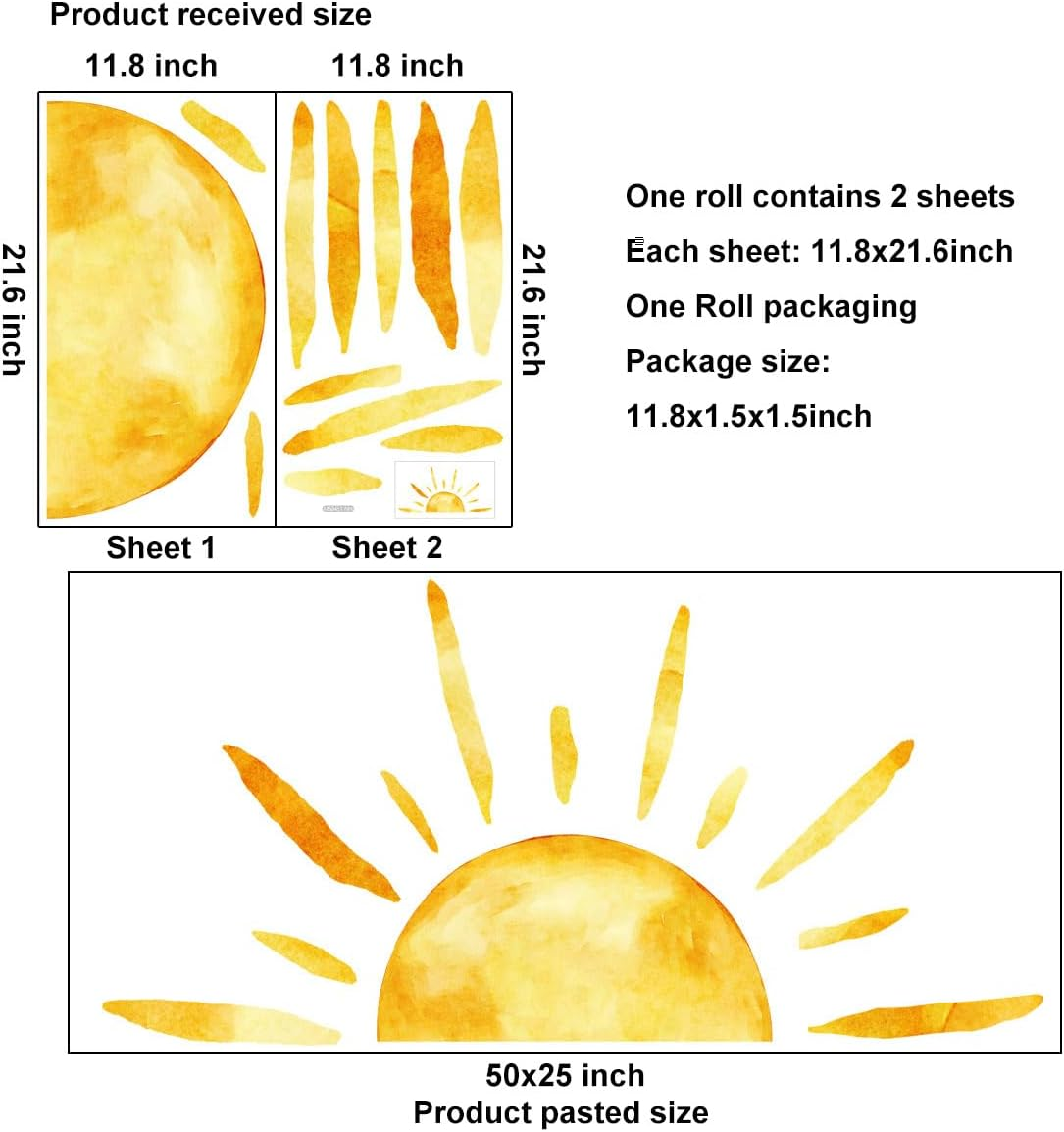 ('''') Half Sun Wall Decal Extra Large Boho Sun Wall Decals Peel and Stick Removable Sunshine Wall Stickers for Bedroom Decor Nursery Decor Playroom Decor image number 2