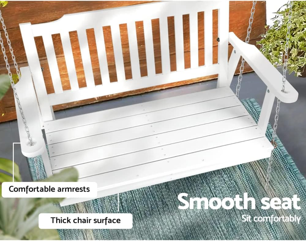 Gardeon Outdoor Porch Swing Chair Wooden 2 Seater White Garden Bench Hanging Seat, Patio Baconly Furniture Chairs, with Metal Chains Water Resistant 300Kg Capacity image number 2
