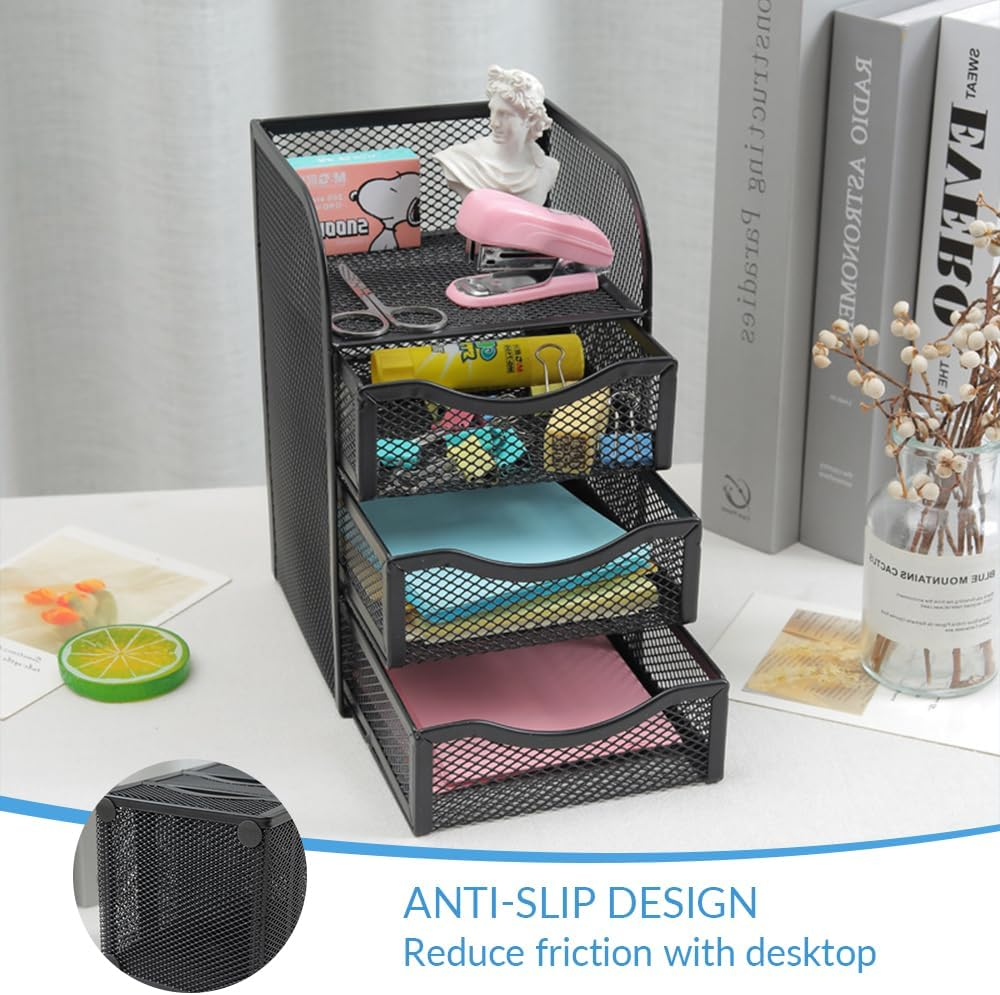 Mesh Office Desktop Storage Rack, Metal Partition Drawer Storage Rack, Sundries Organizer, Desktop Storage Basket, Suitable for Office, Home, Student, Workspace (Black) image number 2