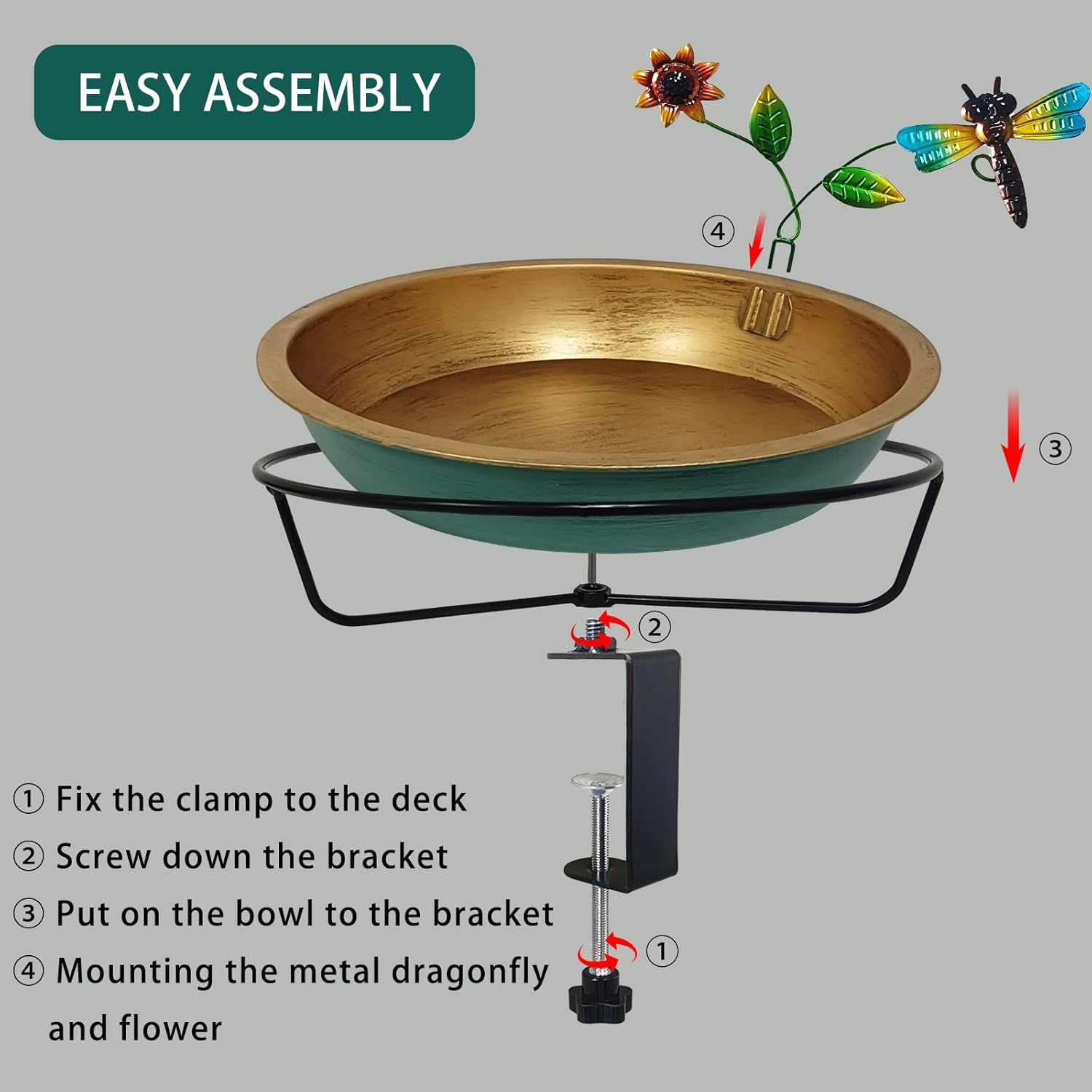Deck Bird Bath for Outdoors, 13 Inch Large Green/Bronze Metal Birdbath Bowl with Adjustable Big Steel Clamp Backyard Birdbath Bird Feeder for Railing Balcony Fence Yard Art Garden Decor