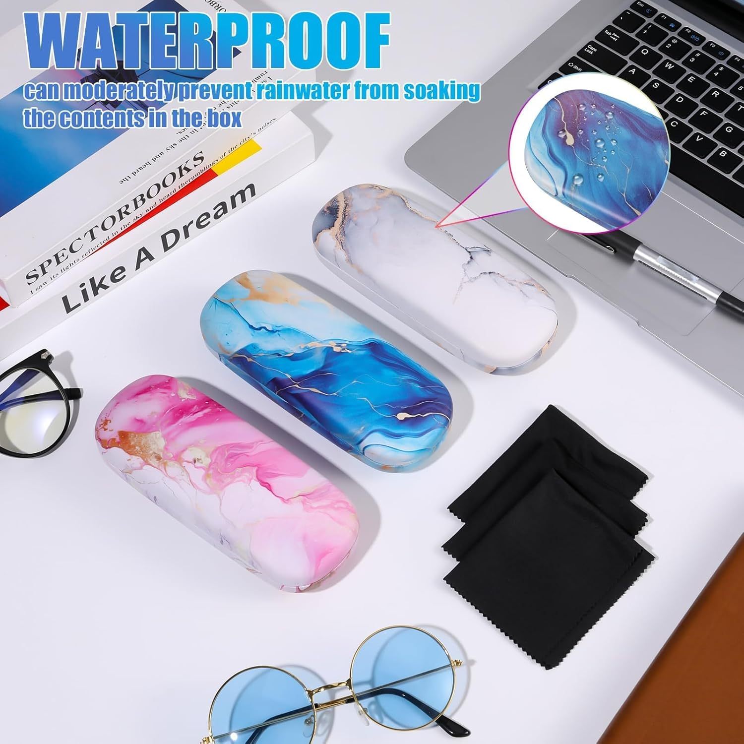 Premium Hard Sunglasses Case,Hard Shell Eyeglasses Case PU Leather Protective Glasses Cover Eyeglass Holder Box Includes Cleaning Cloth and Pouch- Men'S & Women'S Case - Light Blue image number 3