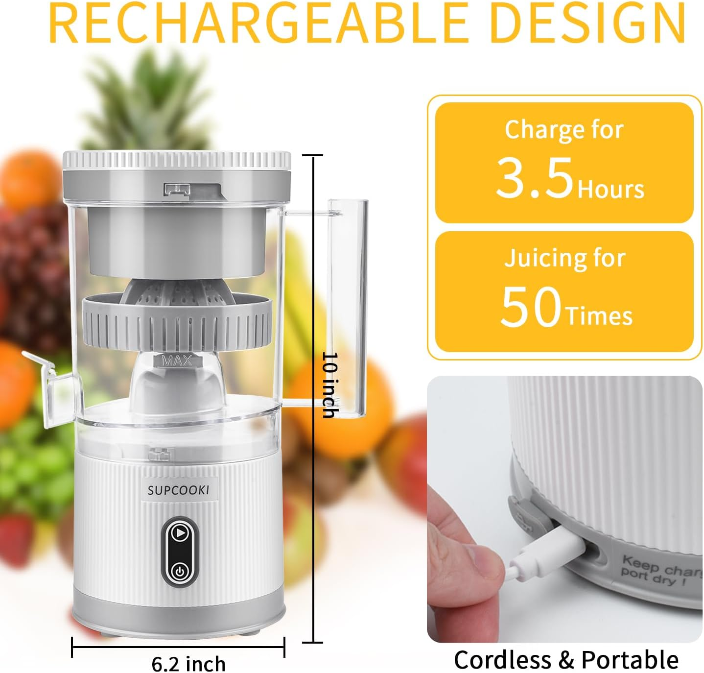 Electric Citrus Juicer, Rechargeable Juicer Machine with USB Cable and Cleaning Brush, Touch Button, Automatic Orange Lime Lemon Grapefruit Squeezer, Easy to Clean Portable Juicer, White image number 5
