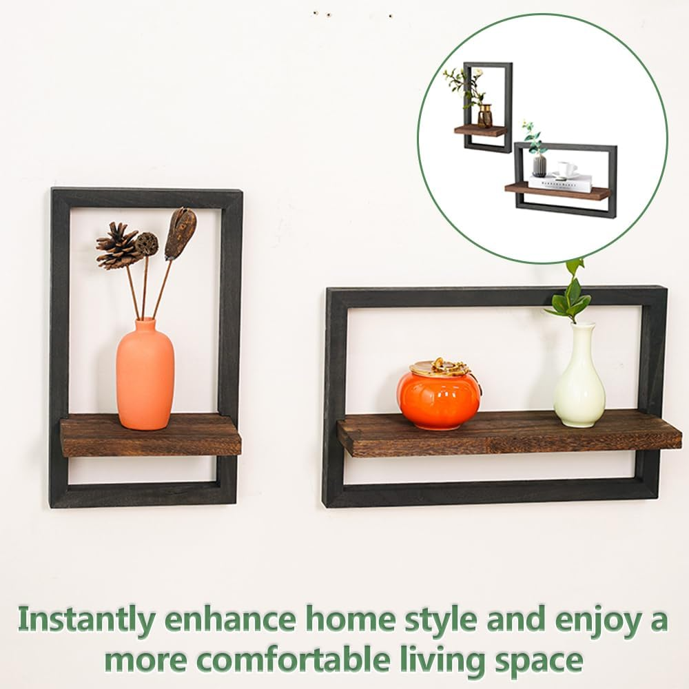 2 Pcs Rustic Black Square Wood Wall Shelves, Durable Wall Mounted Storage Shelves, Decorative Floating Wooden Display Racks for Living Room, Bedroom, Kitchen, or Office image number 3