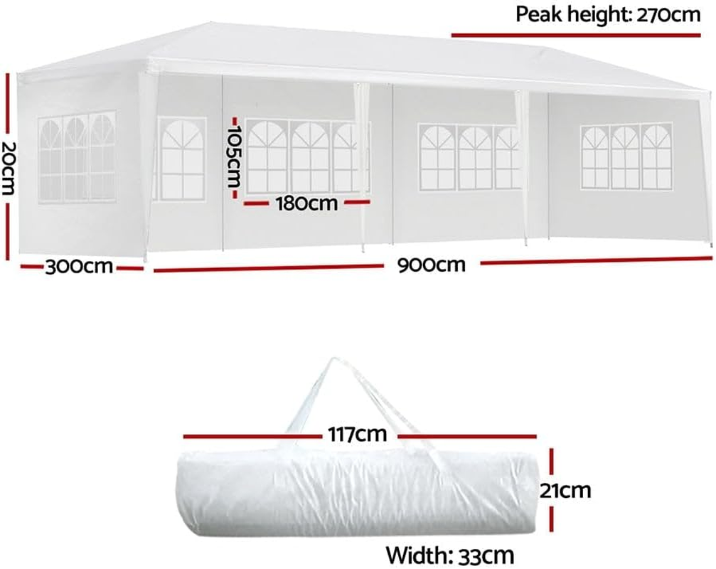 Instahut 3X9M Outdoor Gazebo Party Tent, White Steel Frame with 5 Removable Windows, UV & Water Resistant image number 5