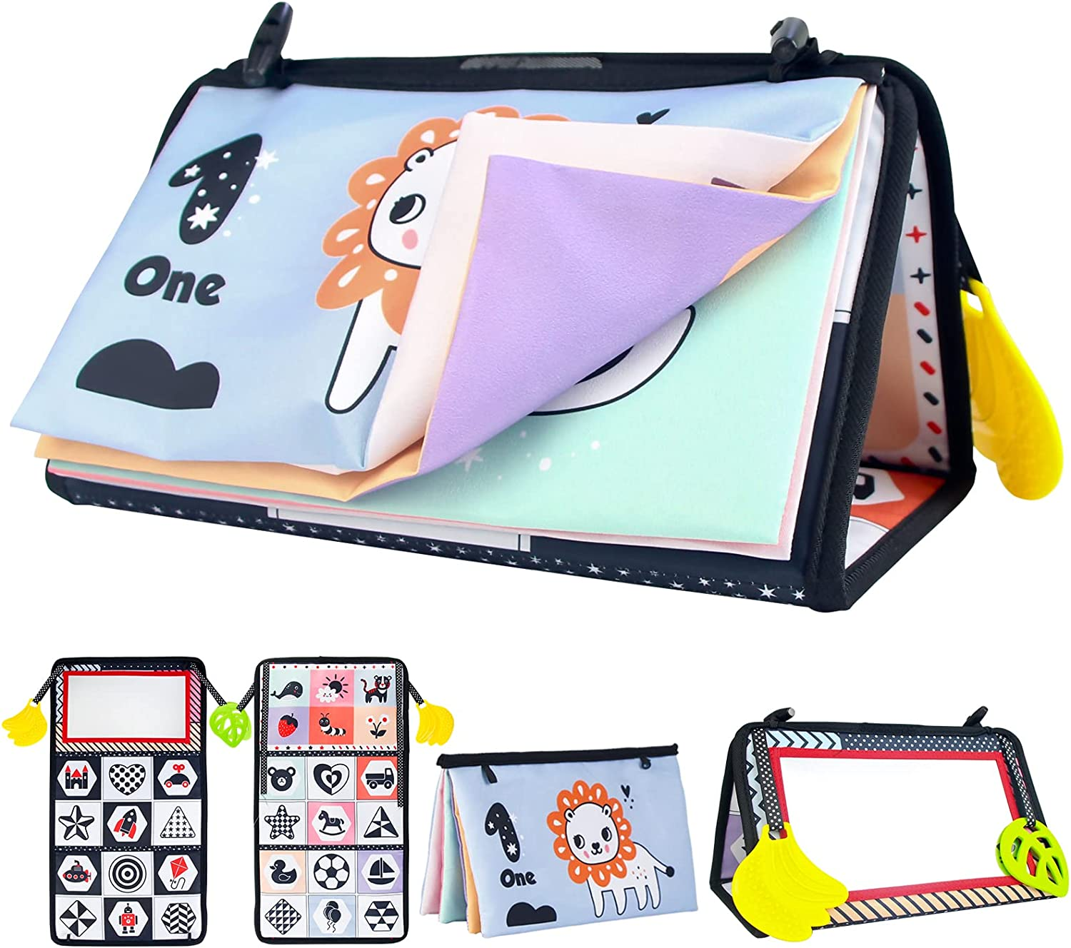 Hapavis Tummy Time Toys Cloth Books with Mirror Teethers Black and White High Contrast Early Educational Toy Graphic Series image number 6