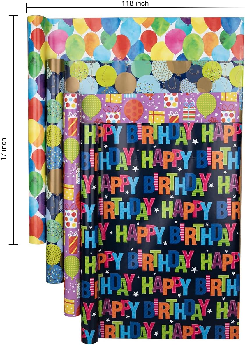 JUSTASHOW Birthday Wrapping Paper, 4 Rolls Happy Birthday Gift Wrap Papers, 17X118 Inches per Roll Gift Wrapping Paper for Holiday, Party, Baby Shower image number 2