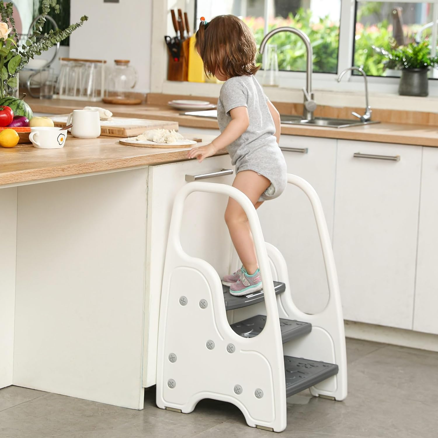 Toddler Step Stool for Bathroom Sink,Adjustable 3 Step Stool for Kids,Kitchen Standing Tower,Children Learning Helper Stool with Safety Handles and Non-Slip Pads,Grey image number 1