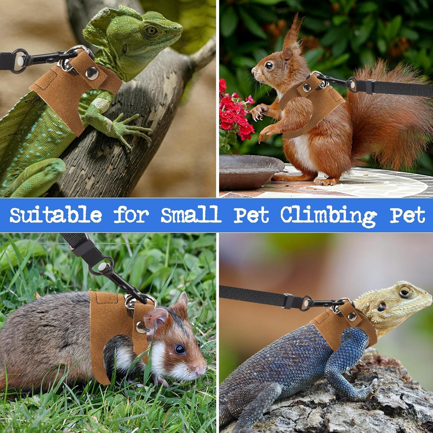 3 Size Lizard Traction Rope,Bearded Dragon Harness and Leash Set,Adjustable Harness Soft Leather Leash Lizard Reptile Traction Rope Walking Vest Accessories for Bearded Dragon,Iguana,Gecko (Brown) image number 1