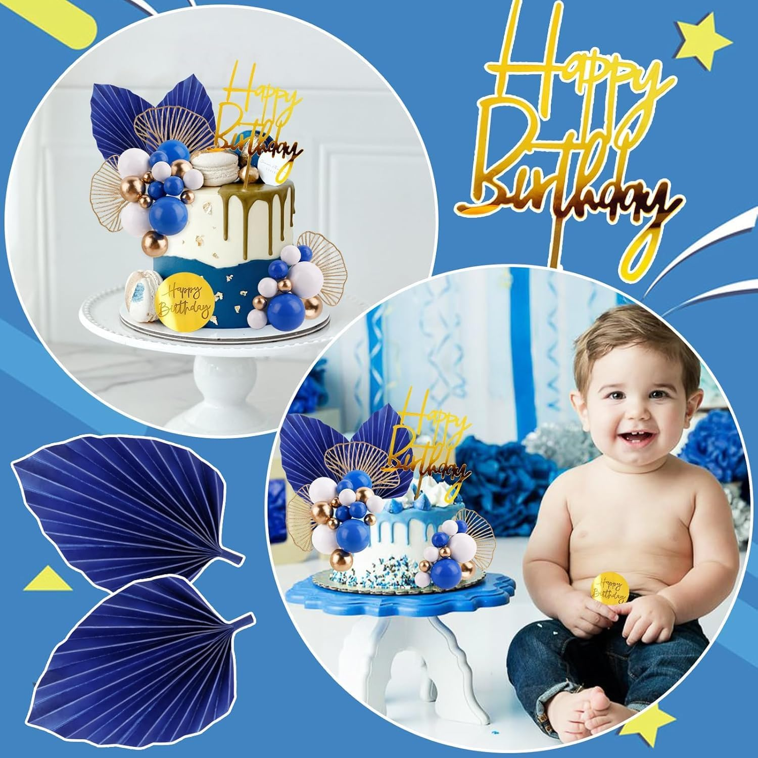 Blue White Gold Ball Cake Toppers Balls Cupcake Toppers Foam Ball Shaped Cake Picks DIY Balloon Cake Insert Topper Balls Birthday Cake Decorations for Birthday Boho Wedding Party image number 3