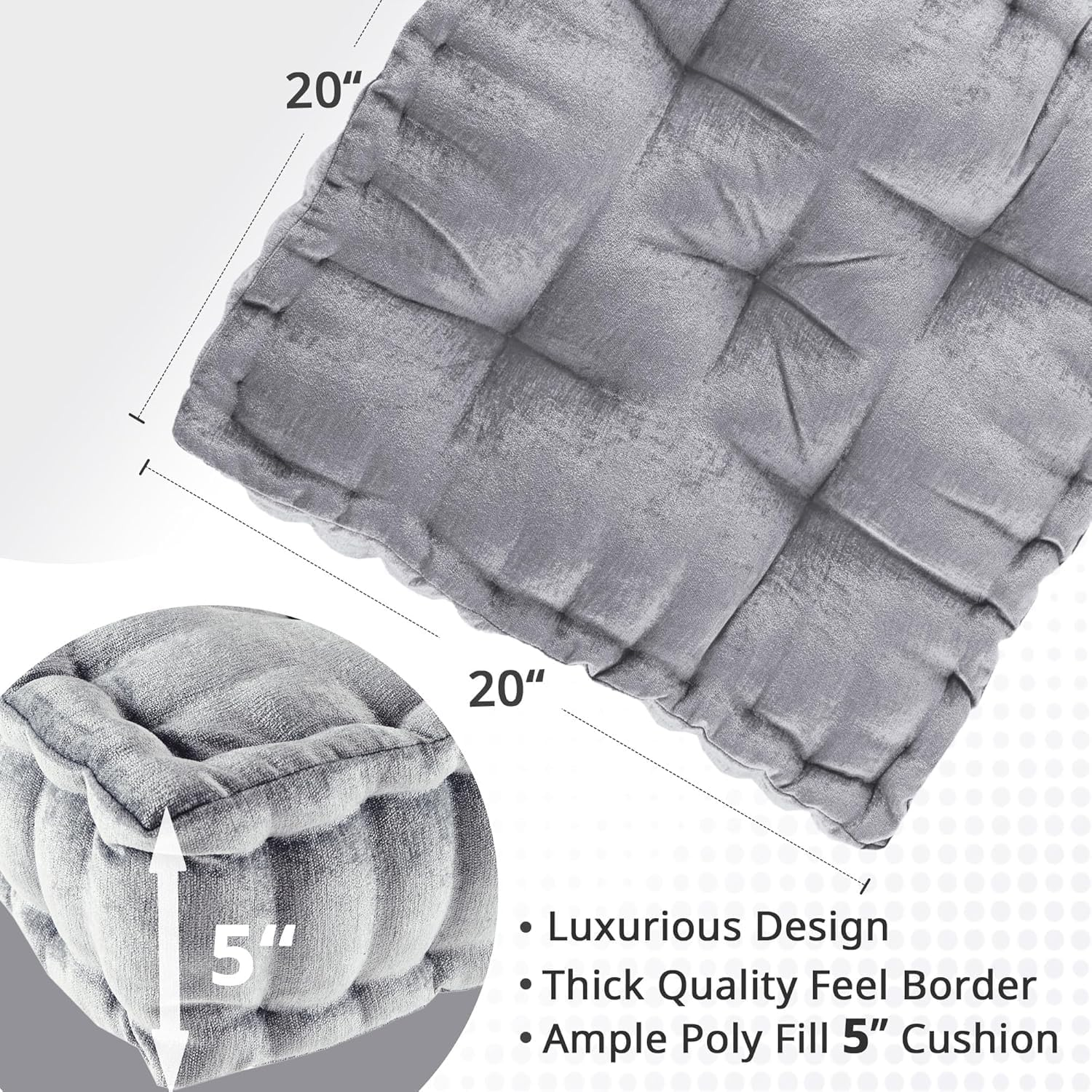 Intelligent Design Azza Floor Pillow, Large Cushions Sitting for Adults, Floor Pillow for Meditation or Yoga, Lustrous Chenille Tufted with Scalloped Edges for Bench/Chair Cushion, 20"X20"X5" Grey image number 2