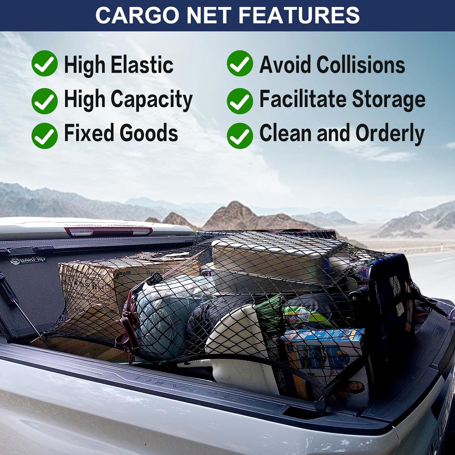 Cargo Net for Pickup Truck Bed Highly Elastic Cargo Storage Mesh Organizer with 4 Plastic Hooks and 6 Metal Carabiners, 4'X4' Stretches to 8'X 8&rsquo; | Single Layer image number 2