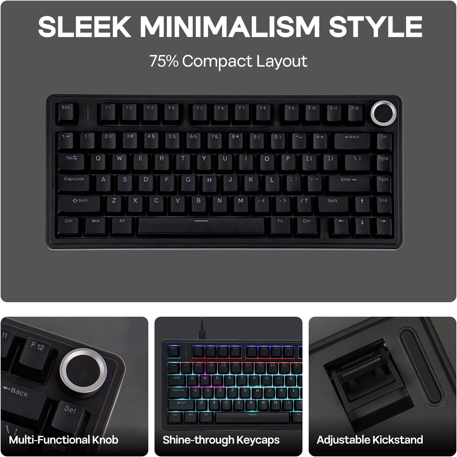 EPOMAKER Aula F75-Wired 75% Gaming Keyboard with Knob, Shine through ABS Keycap, Hot Swappable Creamy Mechanical Keyboard for Games/Office (Black) image number 4