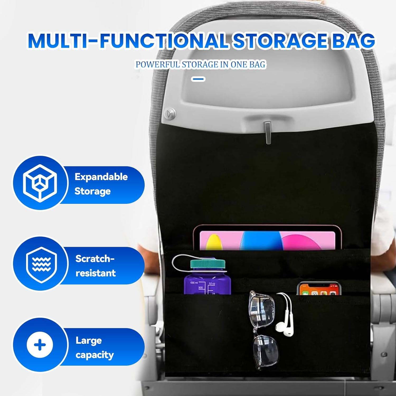 Airplane Tray Table Cover Have for Organized Flights Bullet Points Black Expandable Seat Back Organizer Storage for Personal Items image number 5