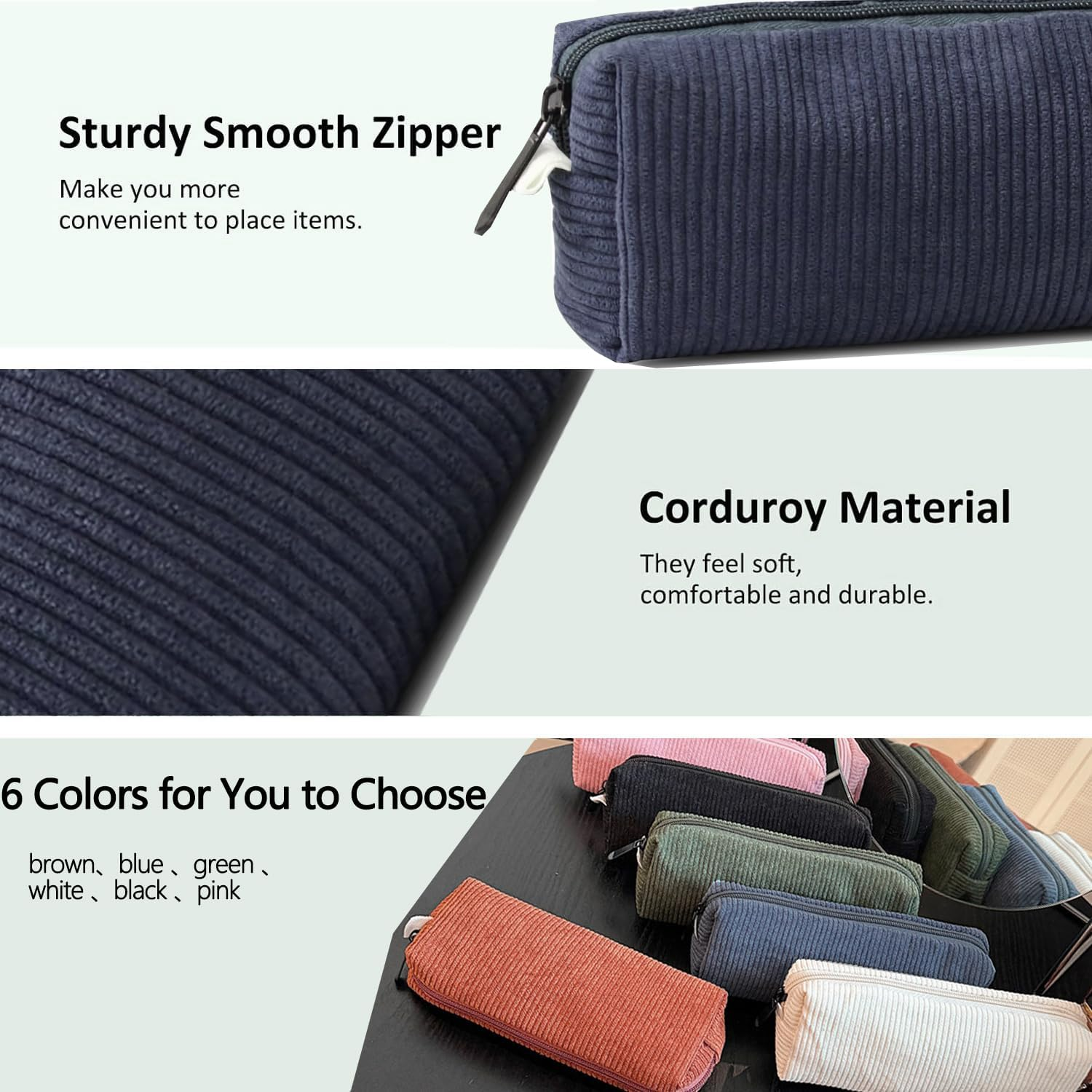 Corduroy Pouch, Large Capacity Storage Bag, Portable Pen Organizer for Kids, Office Stationery, Cute Makeup Pouch for Home, School, Office (Blue) - Black image number 2