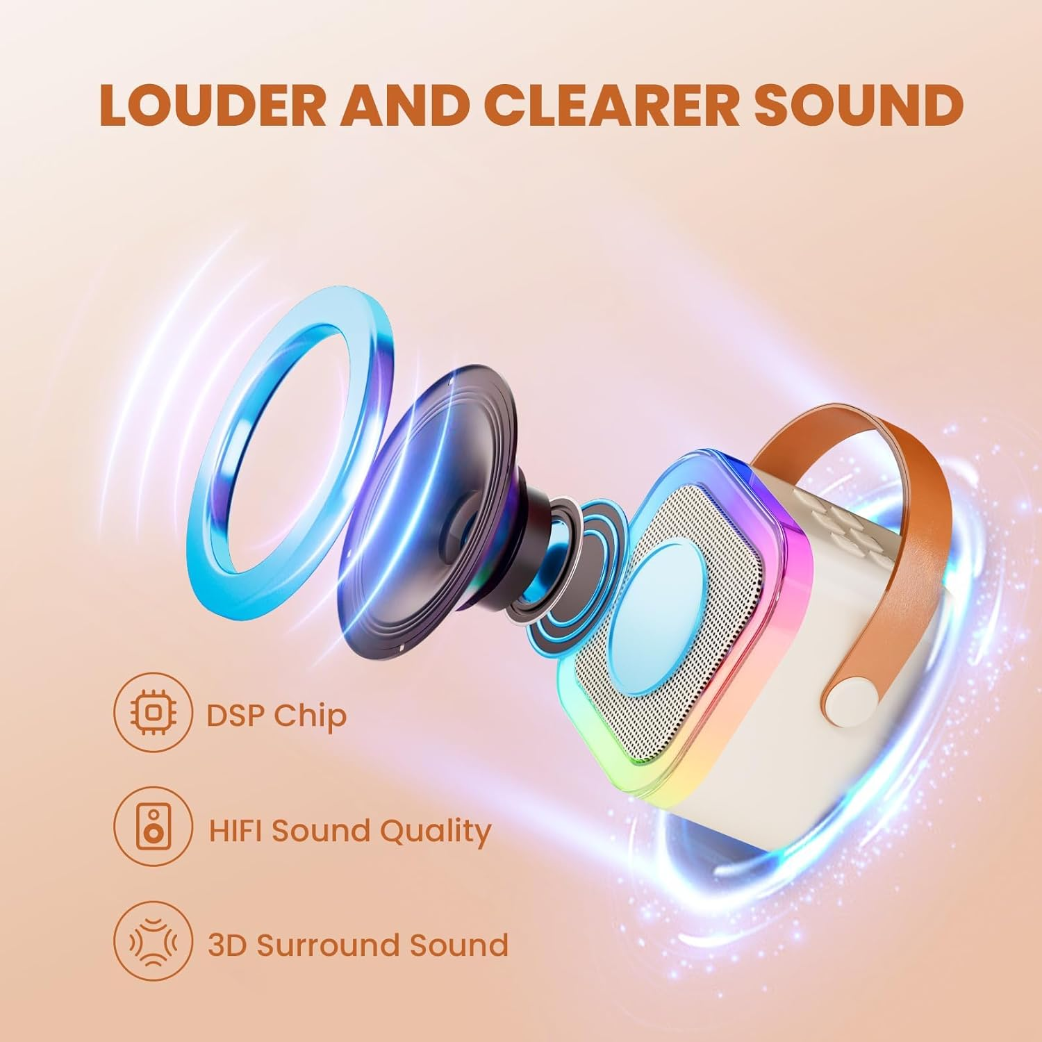 Kids Karaoke Machine, Karaoke Microphone Machine Toy with 2 Wireless Microphones, Portable Bluetooth Speaker Gift with Colorful Lights for Girls Boys Family Home Party(Beige) image number 1