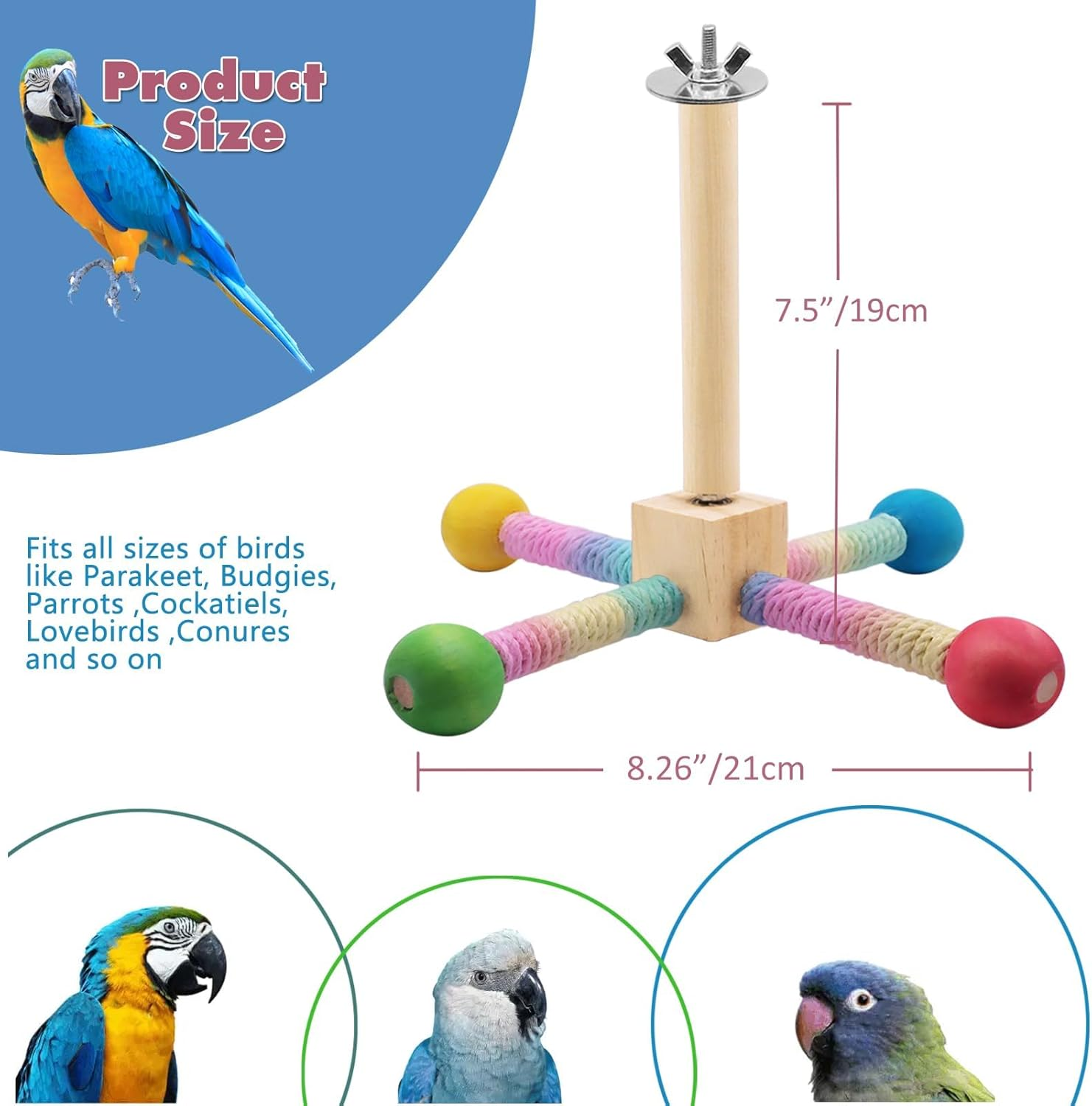 Bird Cage Perch Stand with Interactive Rotating Wheel Toy, Wooden Exercise Toy for Parakeets, Cockatiels, Small and Medium Parrots (Bird Cage with Toy) image number 2