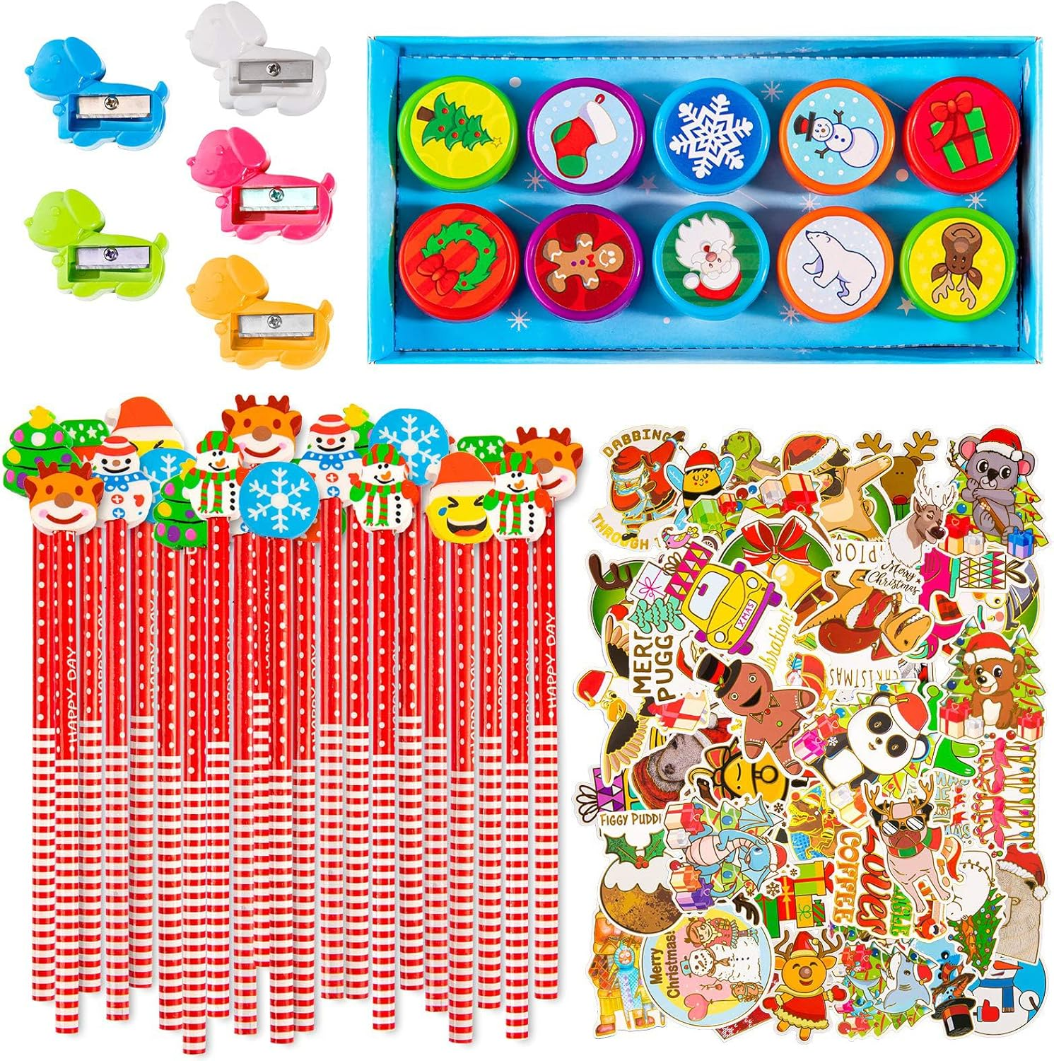Whaline Christmas Stationery Collection 140 Set 40 Christmas Pencils with Eraser, 20 Christmas Stampers, 60 Xmas Stickers 52 Designs 20 Pencil Sharpeners Gift Party Favors Prize School Supplies image number 1