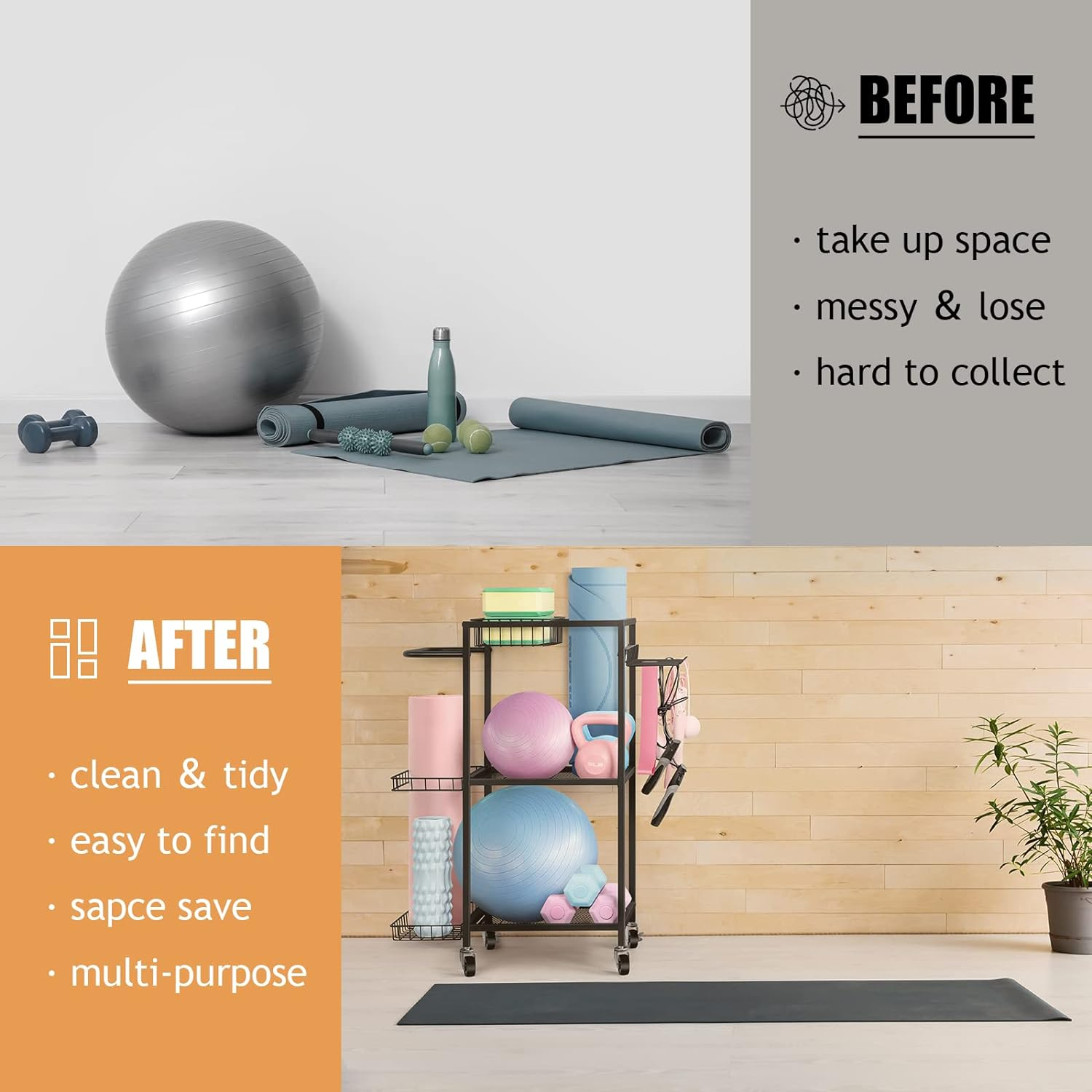 LIANTRAL Dumbbell Rack, Yoga Mat Storage Rack, Workout Equipment Storage Rack for Dumbbells Kettlebells Yoga Mat and Balls, Home Gym Storage Organizer with Hooks and Wheels image number 6