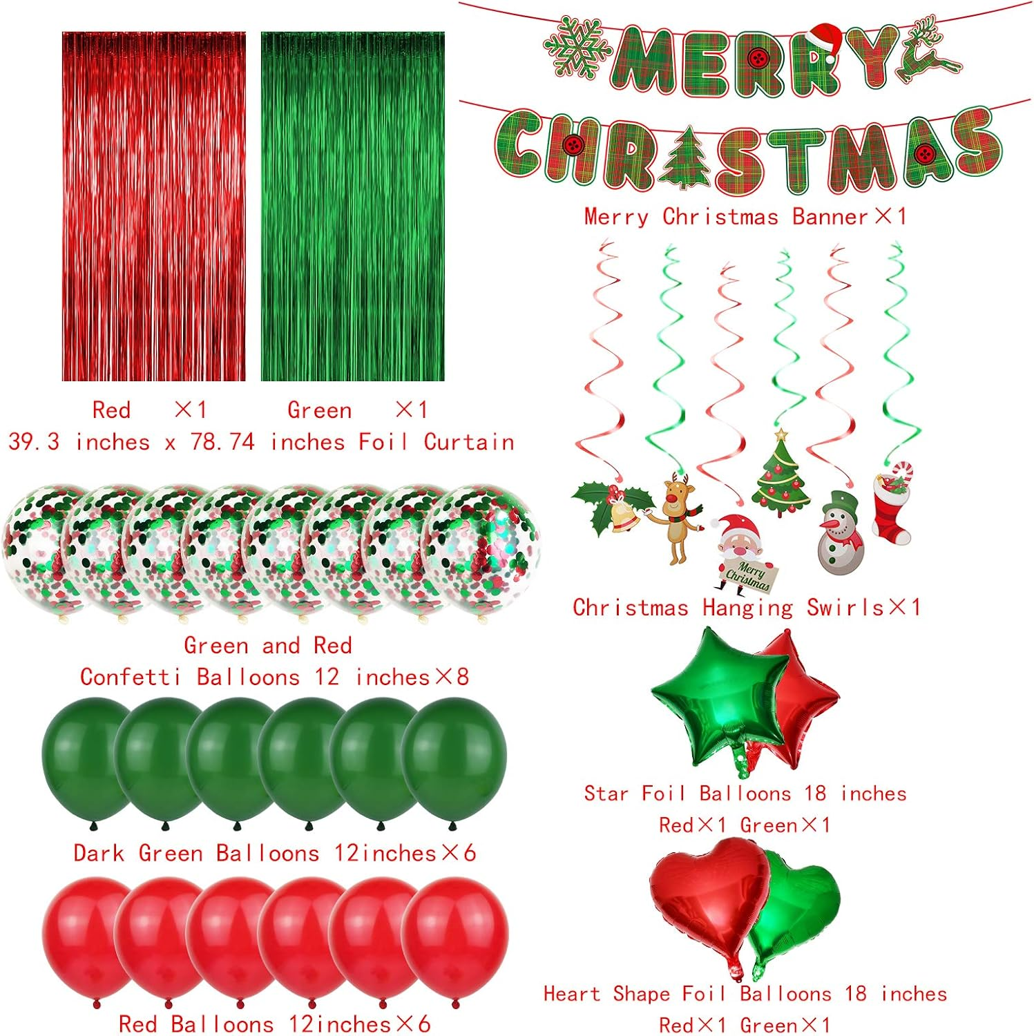 Party Decoration Supplies - Christmas Balloons, Merry Christmas Banner, Hanging Swirls, Red and Green Metallic Fringe Curtains for Holiday Decor image number 3