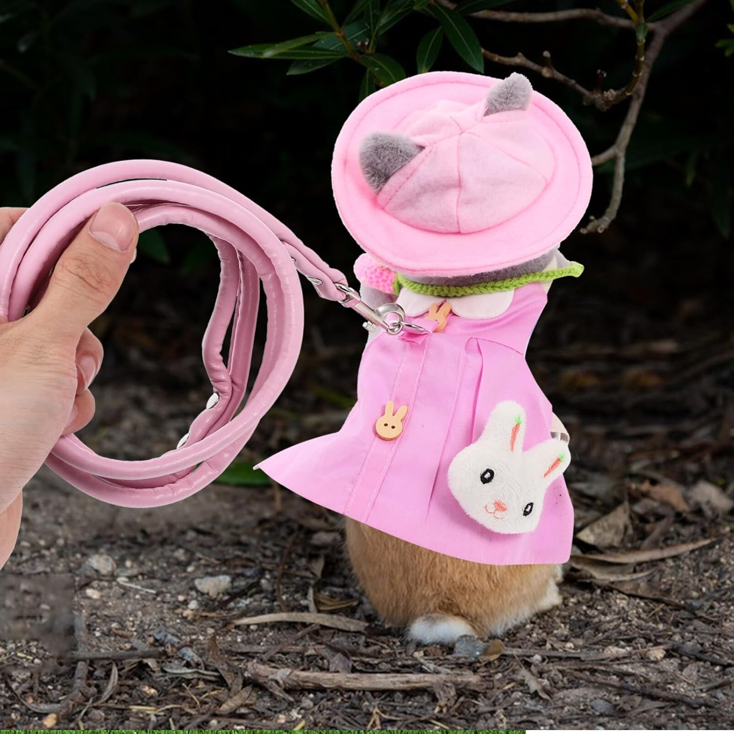 Toddmomy Pet Rabbit Bunny Dress Rabbit Costume with Leash Hat Mini Strawberry Bag Harness Leash Small Animals Accessory for Ferret Guinea Pigs Squirrel Hedgehog Pink