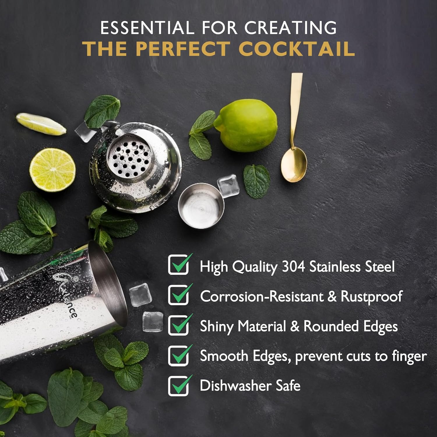 Cocktail Shaker Set 8 Pcs in Premium Packaging - Complete Cocktail Set - High Grade 304 Stainless Steel - 550Ml Cocktail Kit, Double-Sided Jigger - Including Cocktail Recipes Bonus image number 5