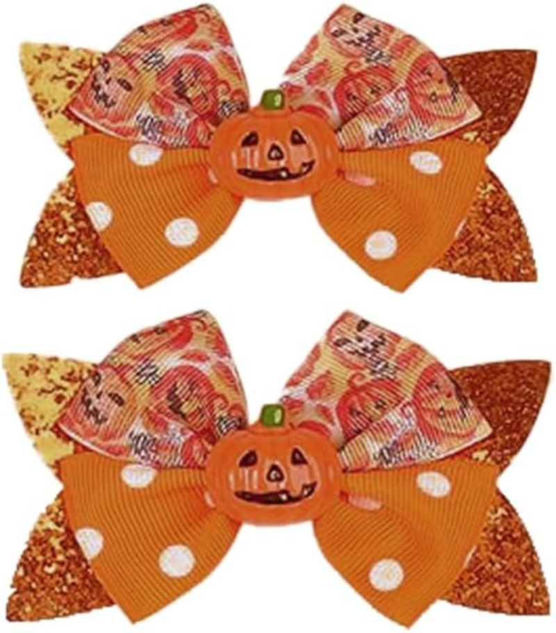 3.9"Hair Bows Clips Halloween Bow Glitter Accessories for Baby Girls Toddlers, Spider Hair Clip Pumpkin Headdress (Orange, One Size) image number 4