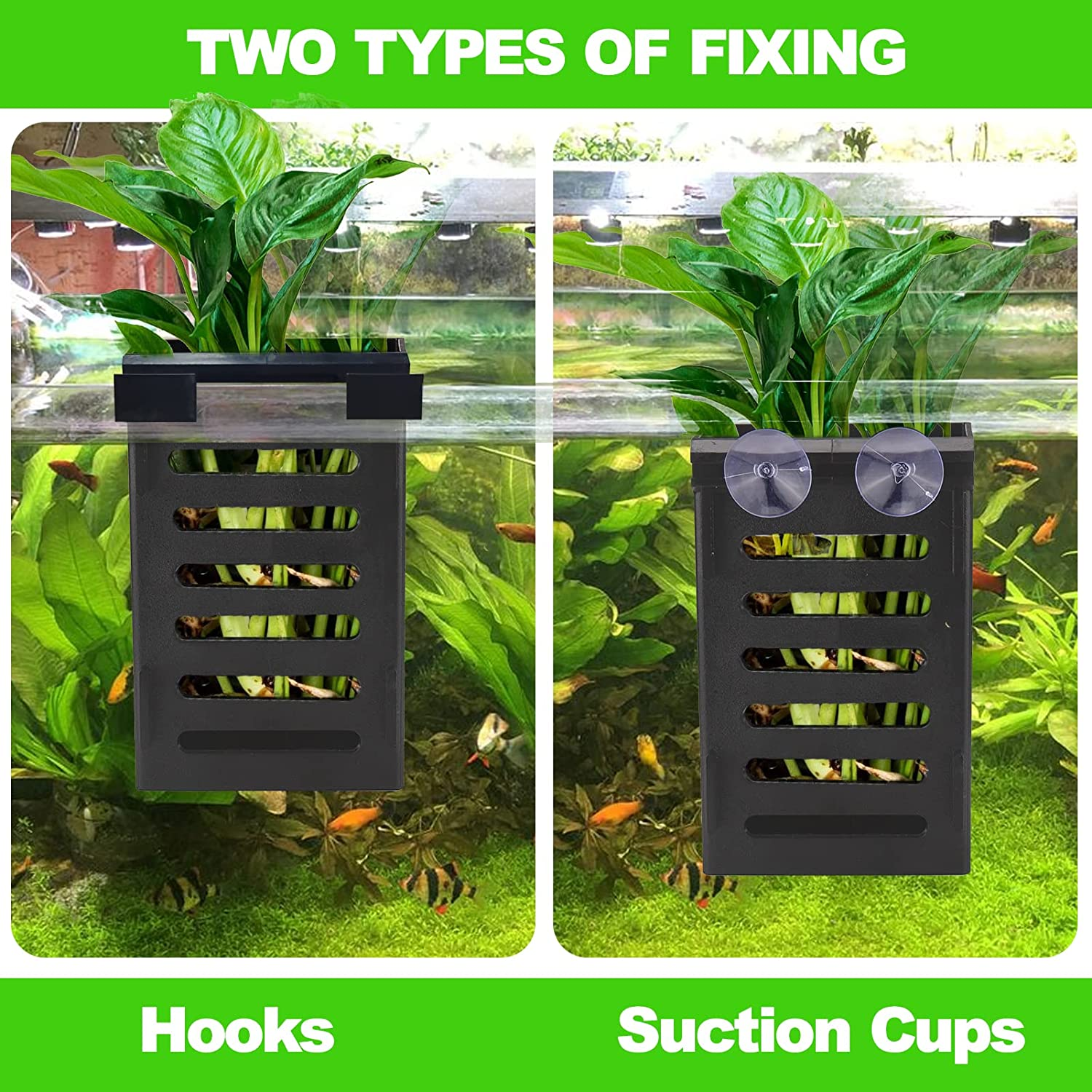 BABORUI 2 Pack Aquarium Plant Holder with Hooks and Suction Cups, Hanging Aquatic Planter Cups for Aquarium Decorations Plants, Aquarium Decor for Fish Tank Live Aquarium Plants, Black, (H-207)