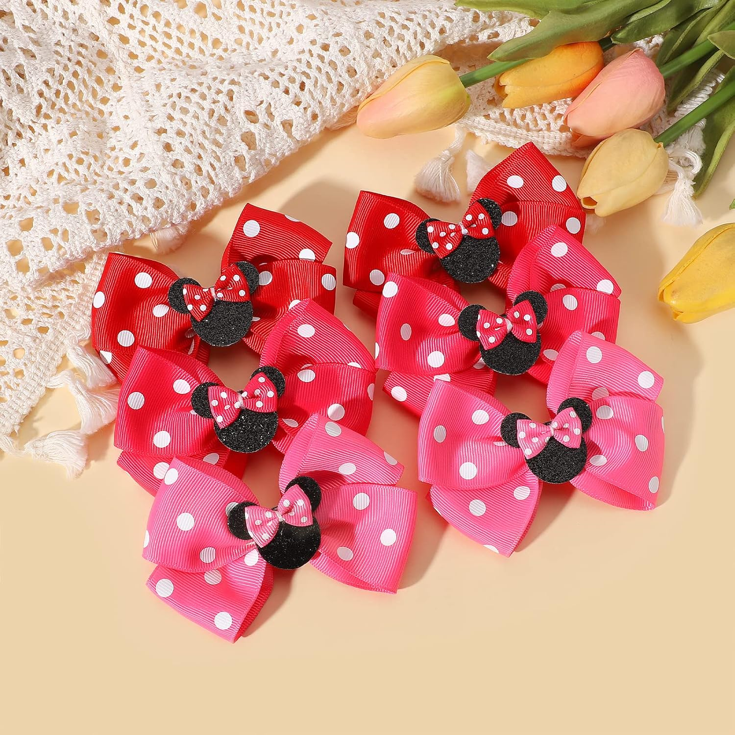 Baby Hair Accessory Set: 6 Piece Mouse Ear Bows and Clips for Girls, Women - Birthday, Party, or Everyday Wear - Pack-5 image number 7