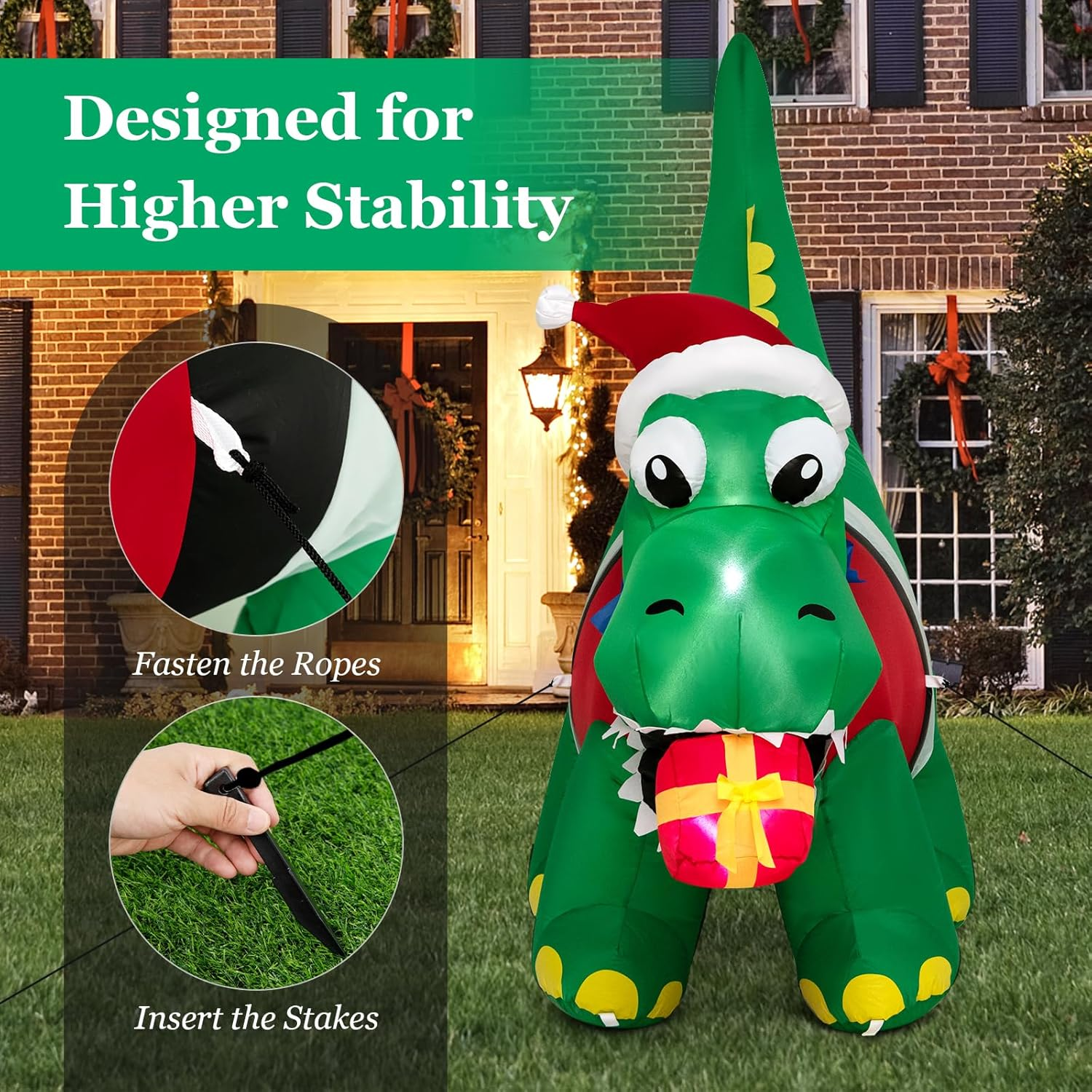 Costway 1.83M Christmas Inflatable Dinosaur, Inflatable Christmas Decoration with LED Lights, Gift Box & Waterproof Blower, Tall Indoor Outdoor Holiday Decoration for Yard, Party, Lawn