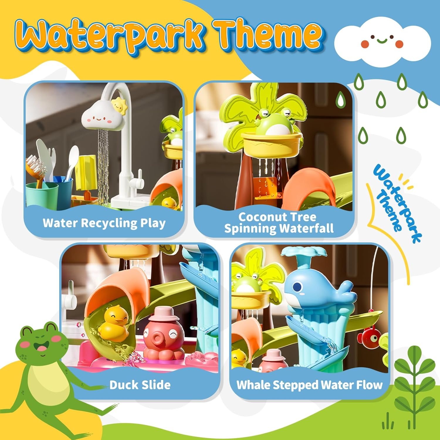 Play Sink with Running Water, 4-In-1 Kids Kitchen Sink Toys with Electric Faucet, Water Table Floating Pool Toy W/Fishing Game, Duck Slide, Pretend Play Dishwasher Set for Toddler Boys Girls (Pink) image number 3