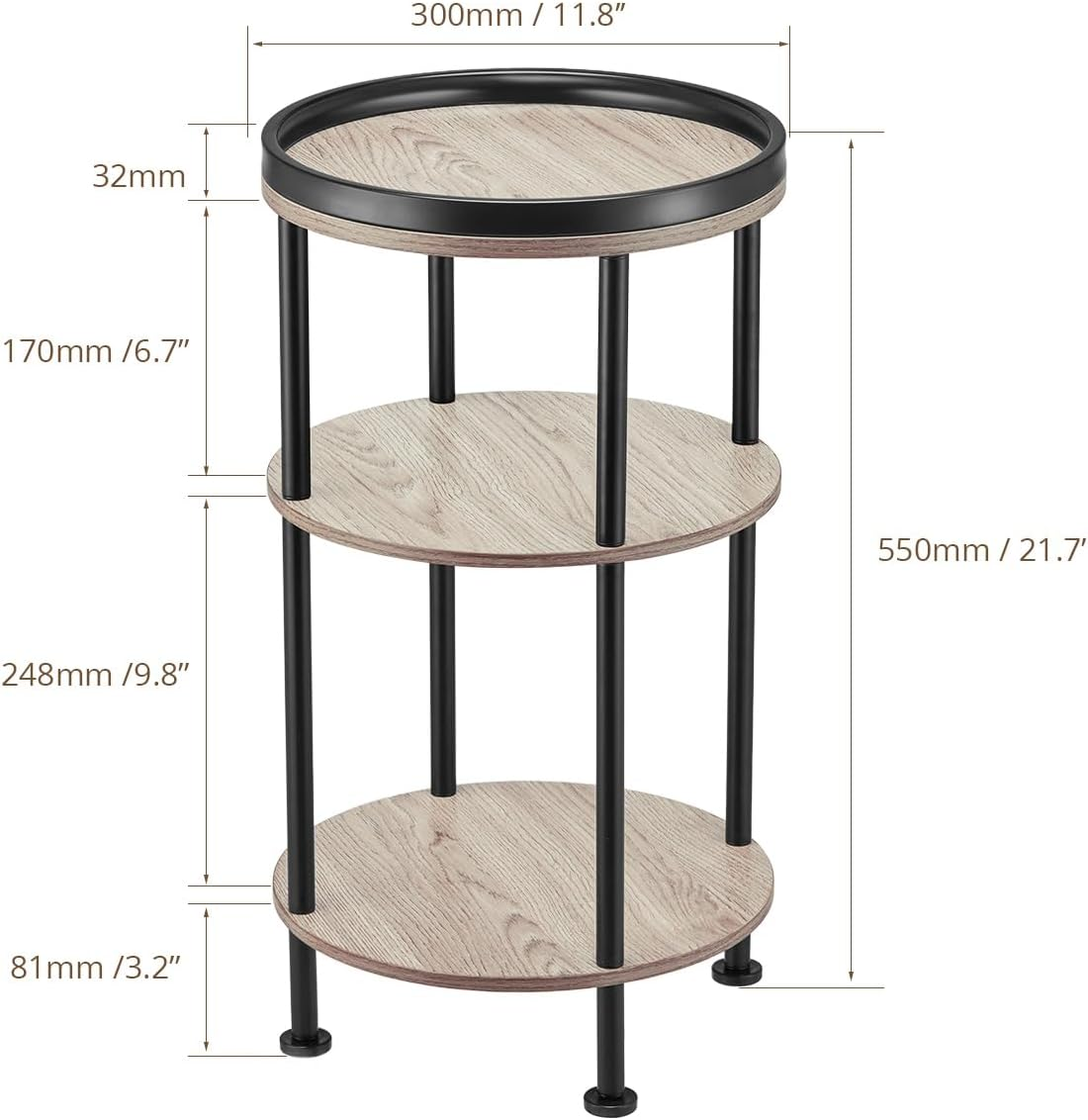 Side Table, 3 Tiers, round Night Table, Width 11.8 X Depth 11.8 X Height 21.7 Inches (30 X 30 X 55 Cm), Living Side Table, Bedside Table, Mini Table, Folding Side Table, Wood Grain Table, image number 2