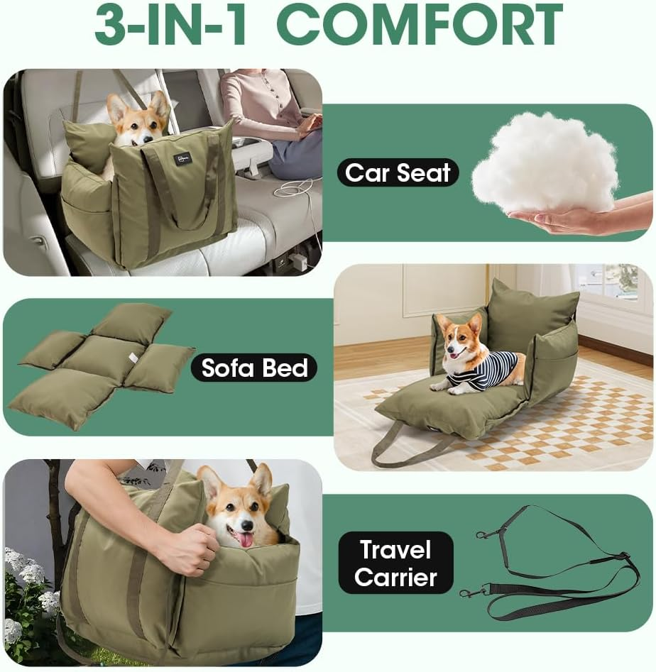 3-In-1 Dog Car Seats for Small Dogs Cats, Waterproof Portable Dog Booster Car Seat with Side Pocket, Clip-On Safety Leash, Hand Held Shoulder Carrier, Soft Pet Travel Seats for Puppy, Green image number 4