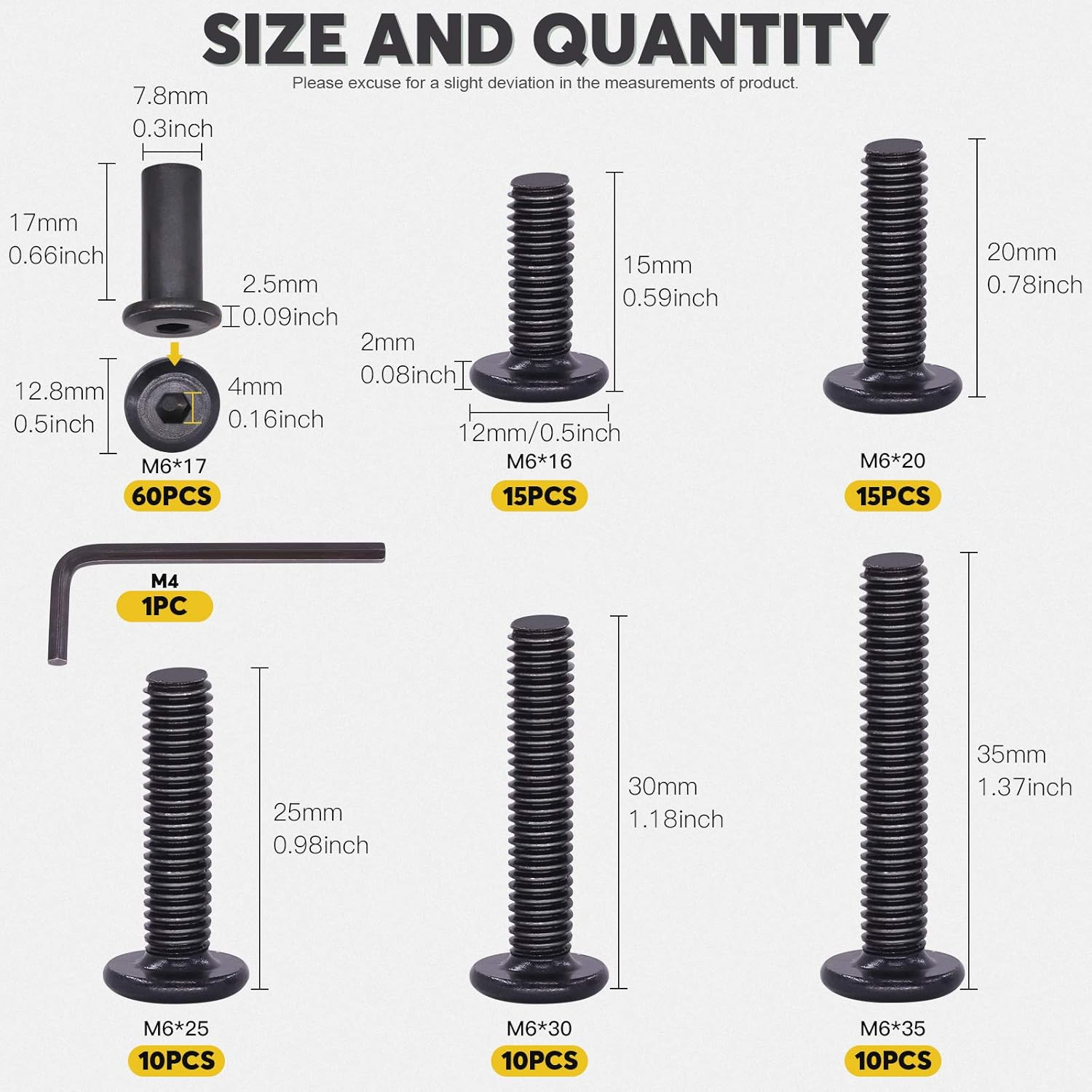 120Pcs 5 Sizes M6X16Mm/20Mm/25Mm/30Mm/35Mm Black Hex Socket Cap Bolts and Barrel Nuts Assortment Kit, Crib Bolts Flat Head Binding Bolt Screw Post for Belt Buckle Leather Furniture image number 4