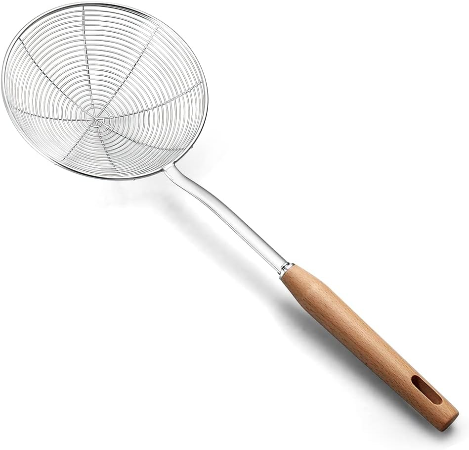 Spider Strainer, Skimmer Spoons, 6.3 Inch Spider Strainer Skimmer Ladle for Cooking and Frying, Cooking Utensils Frying Spoon with Wooden Handle, Wire Slotted Spoon for Kitchen