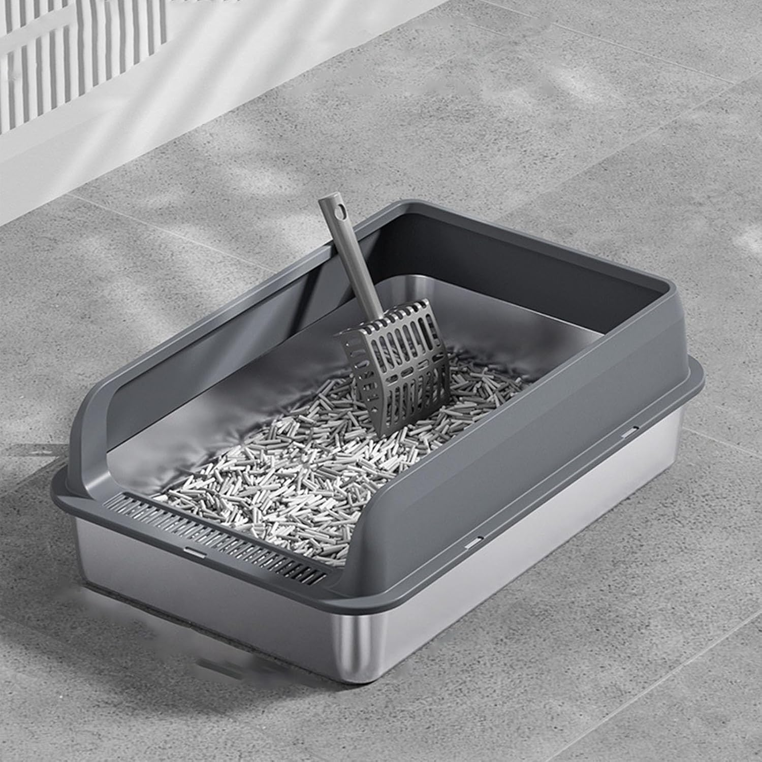 Stainless Steel Cat Litter Box, Semi Enclosed High Sided Large Kitty Litter Box anti Urine Leakage Easy Cleaning Non Sticky Covered Litter Box with Lids and Scoop for Big (Large) image number 4